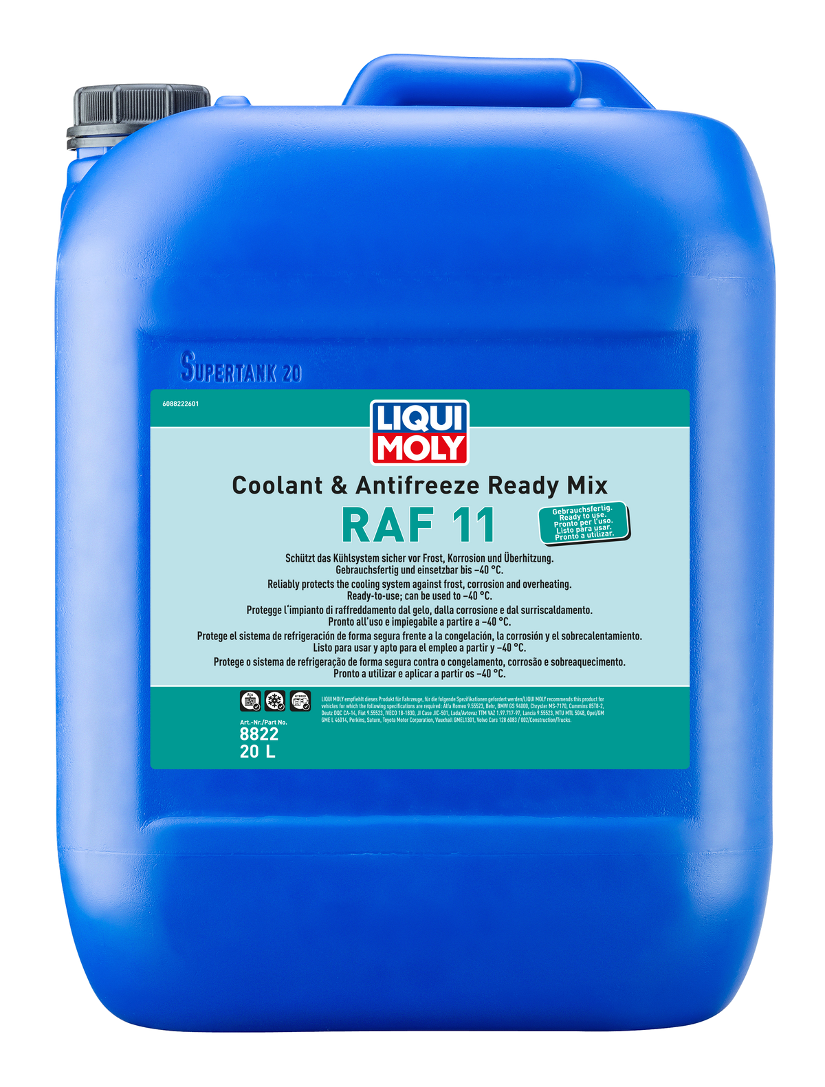 Liqui Moly Coolant Ready Mix RAF11 in a container, ready for automotive cooling system use.