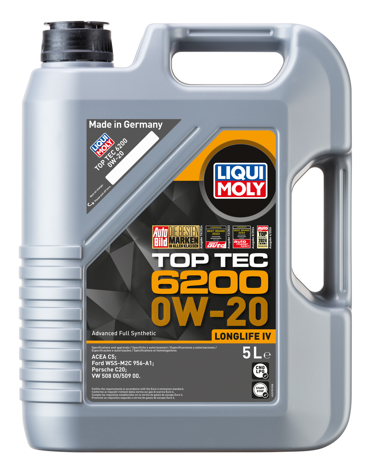 Liqui Moly Top Tec 6200 0W-20 engine oil container with label showing product details and brand logo.