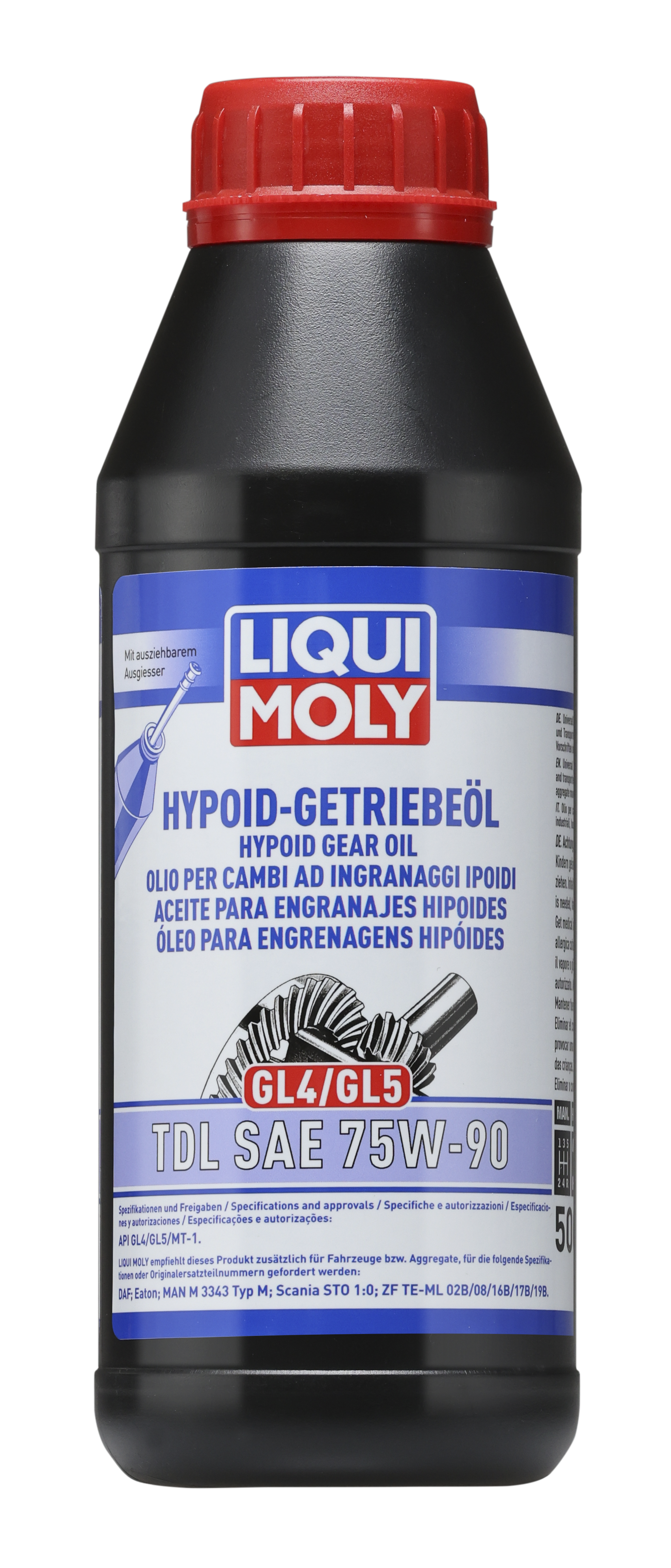 Liqui Moly Hypoid Gear Oil GL4/5 TDL SAE 75W-90 gearbox fluid in a container with a label showing product details