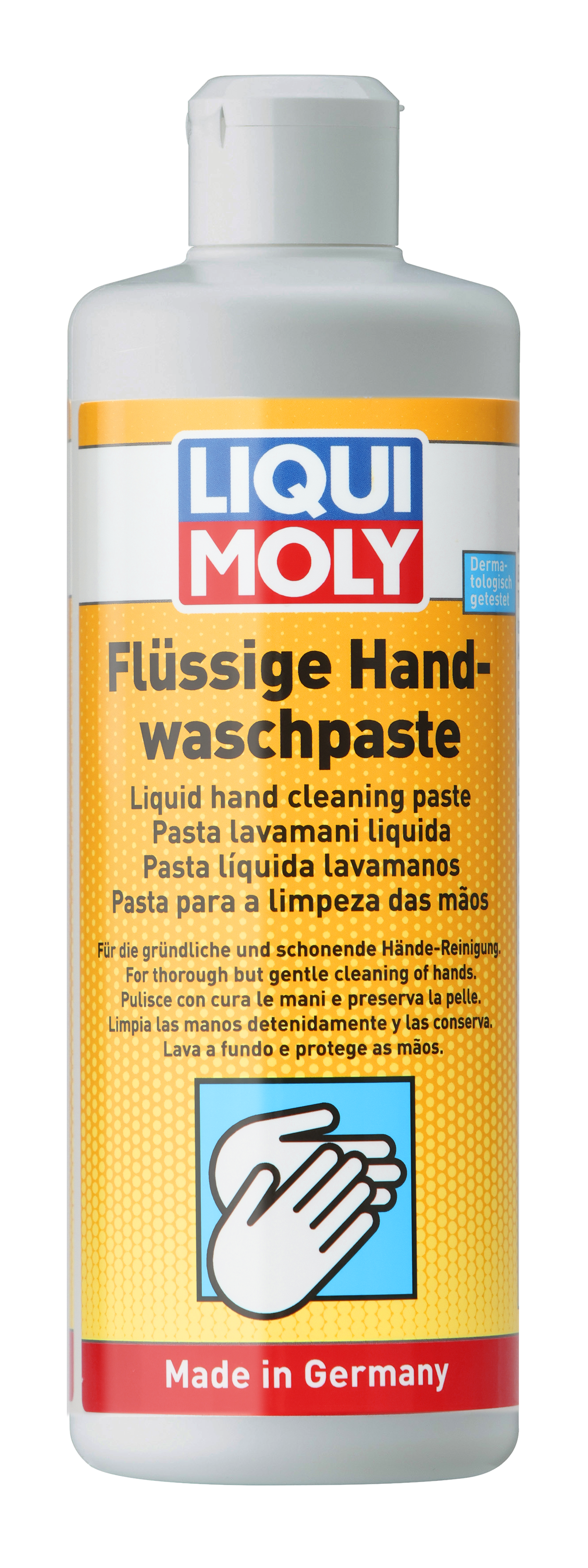 Liqui Moly Liquid Hand Cleaning Paste for grease and lubricants removal, in a tube with a white and blue design.
