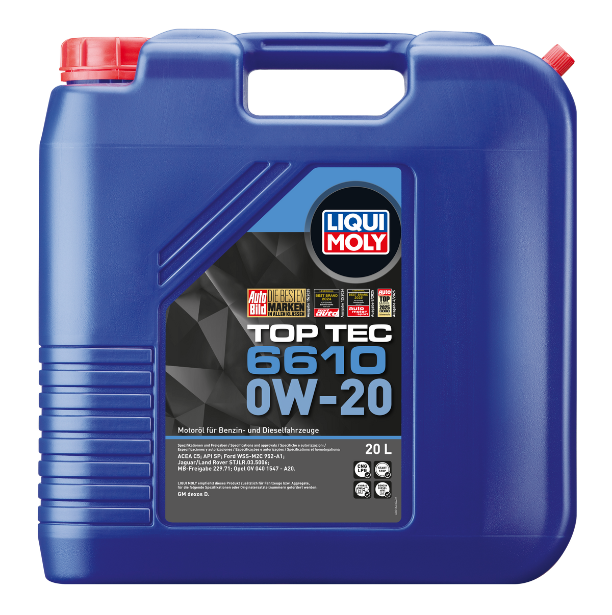 Liqui Moly Top Tec 6610 0W-20 engine oil bottle with label and branding for car engine lubrication.