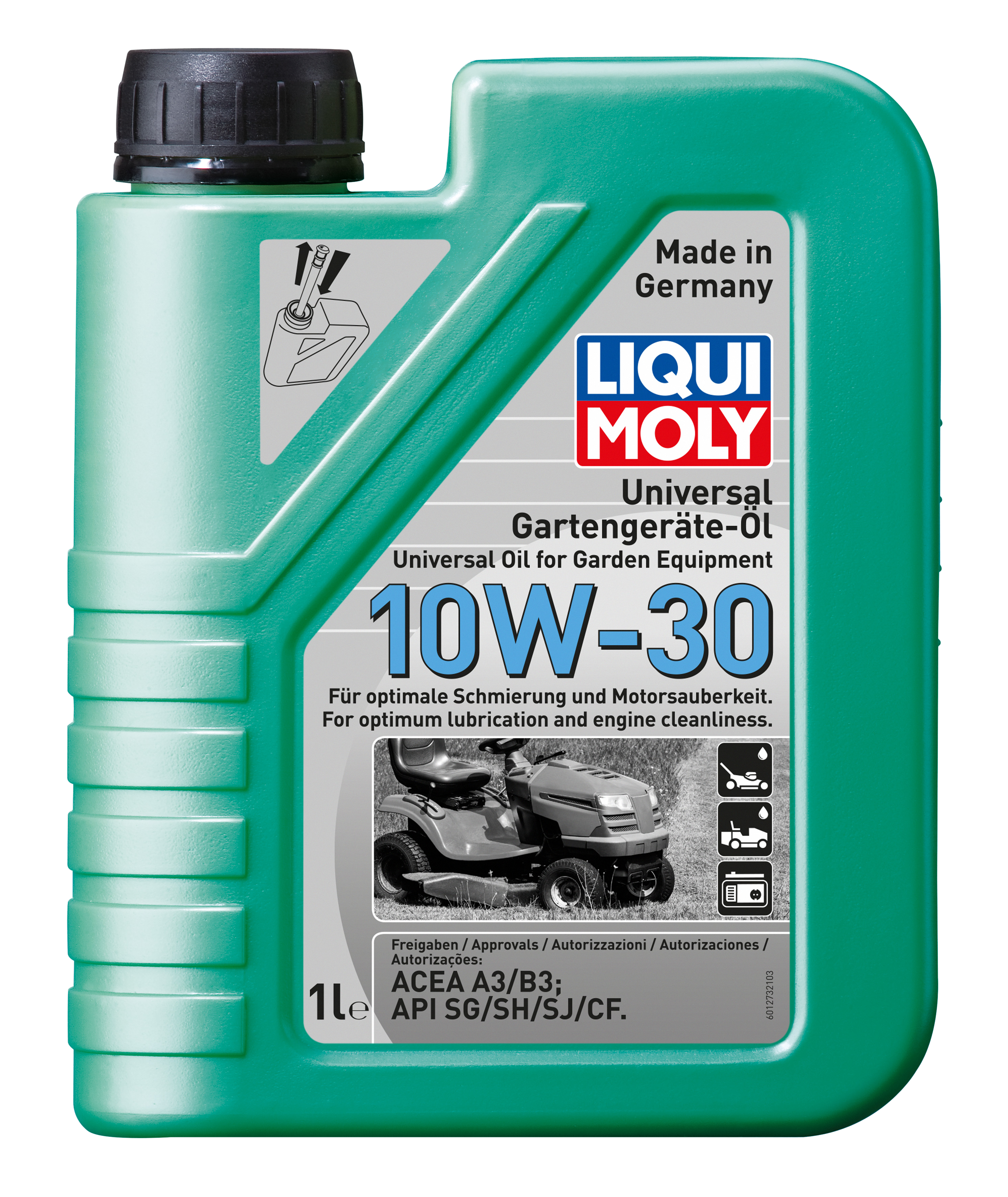 Liqui Moly Universal Oil Garden Equipment 10W-30 1L for commercial and agricultural use, shown in a 1-liter container.