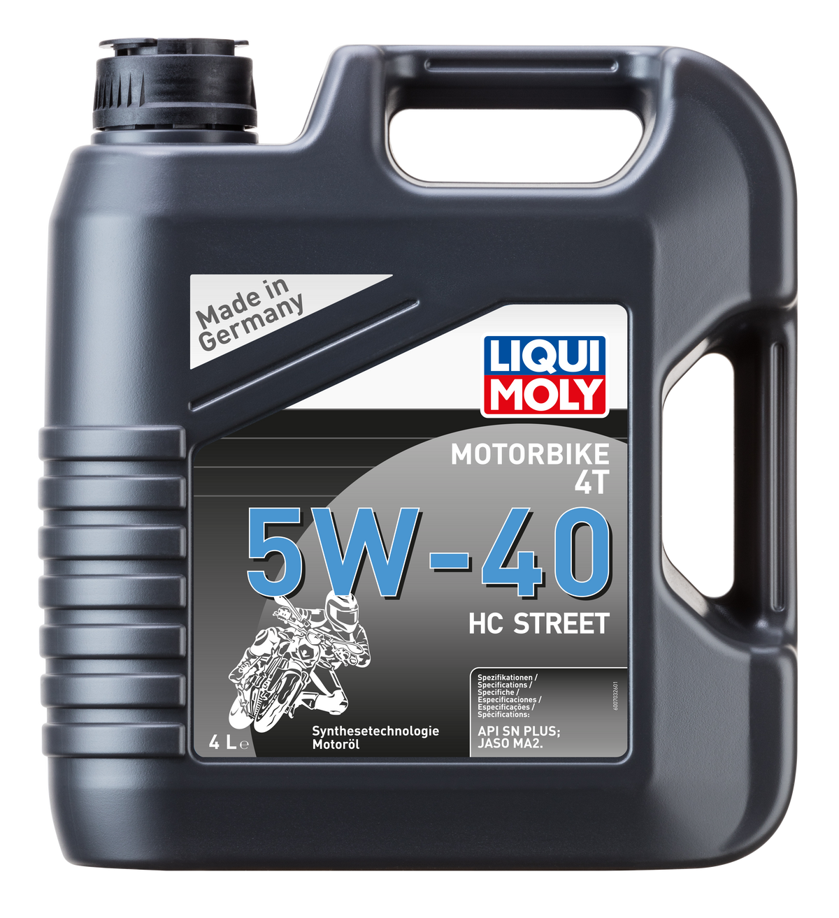 Liqui Moly Motorbike 4T 5W-40 HC Street motorcycle engine oil bottle with label and cap, front view.