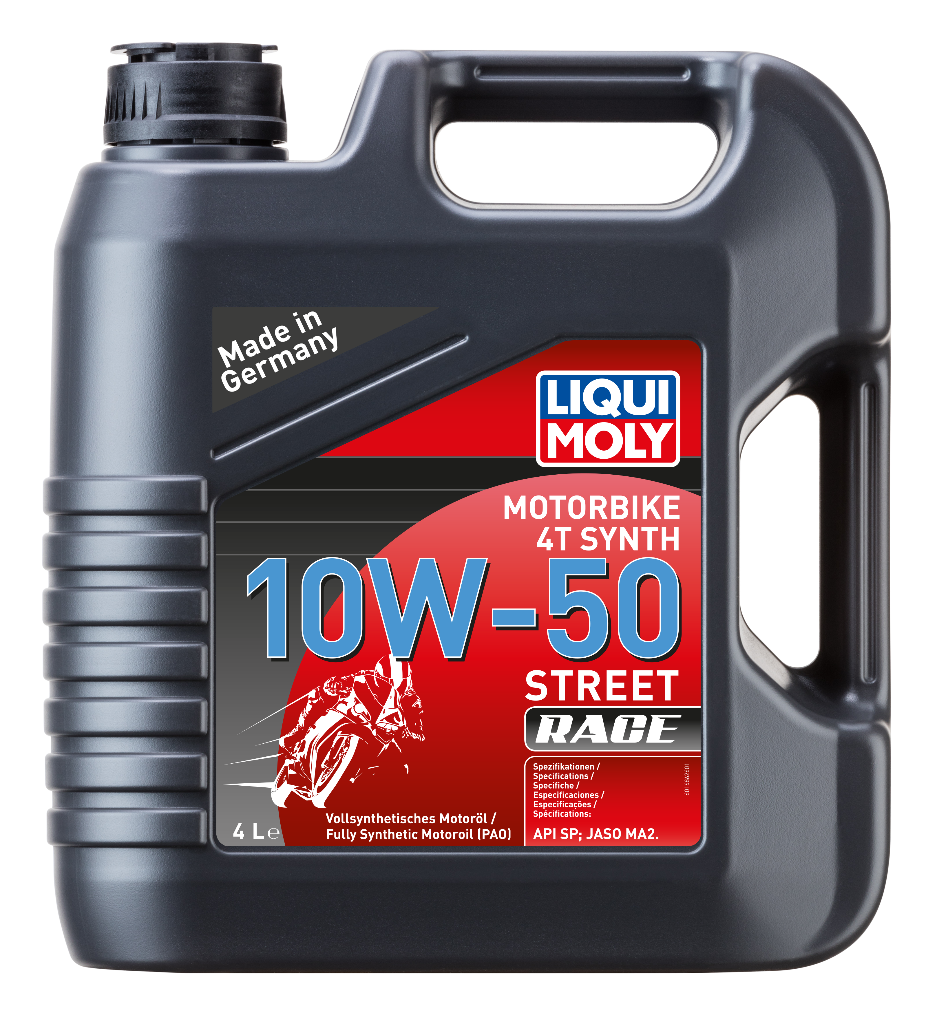 Liqui Moly Motorbike 4T Synth 10W-50 Street Race motorcycle engine oil bottle with label and cap, designed for 4-stroke bikes.
