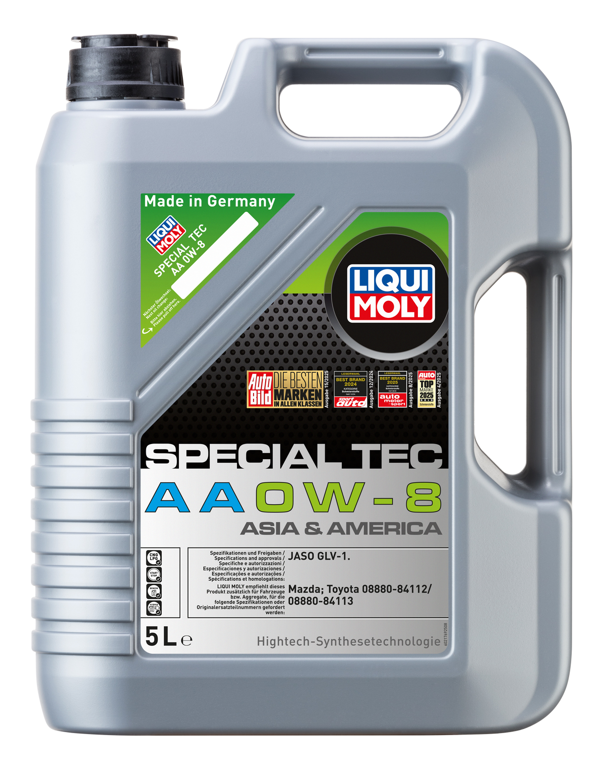 Liqui Moly Special Tec AA 0W-8 engine oil bottle, high-performance motor oil for modern engines, with label visible.