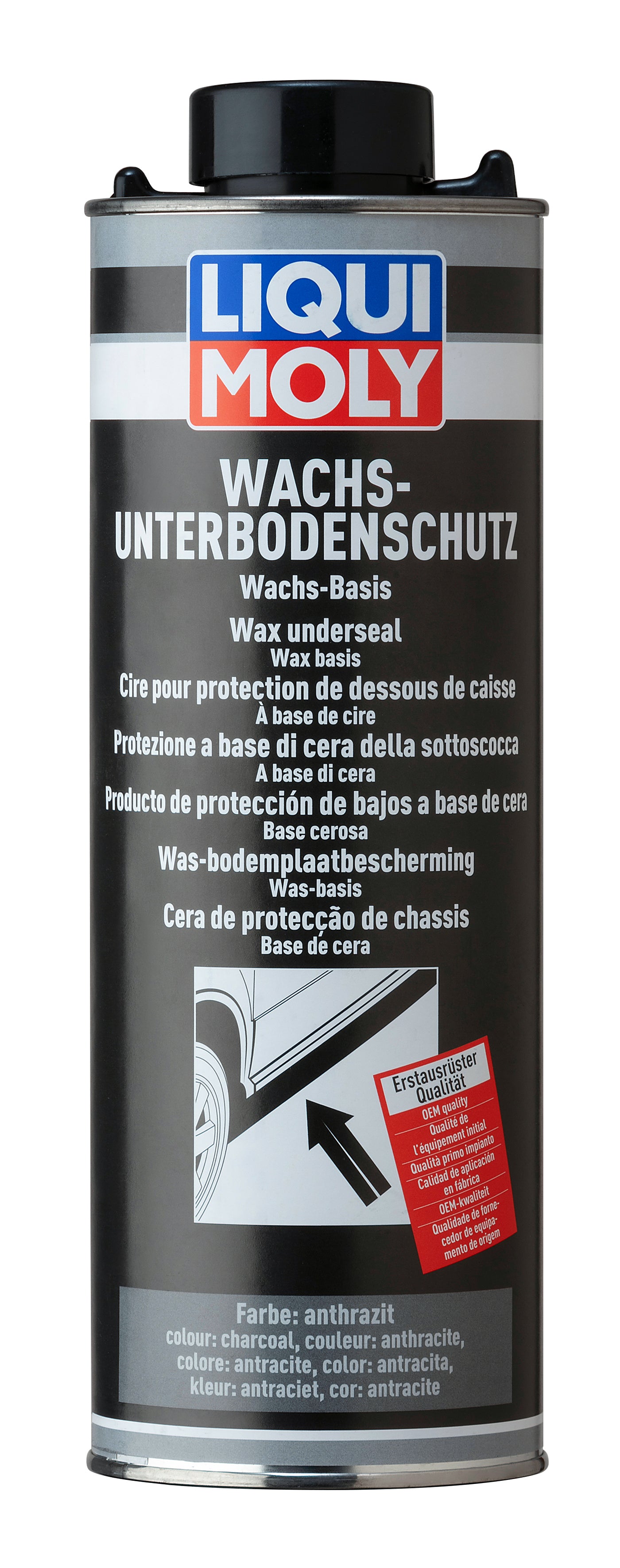 Liqui Moly Wax Underseal in anthracite black for automotive protection, showing a container with black underseal adhesive and sealant.