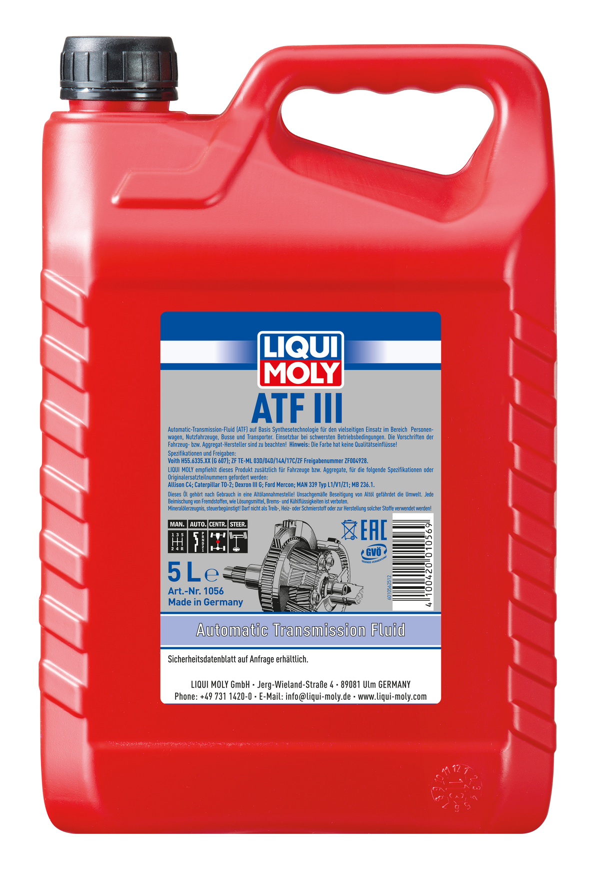 Liqui Moly ATF III gearbox fluid bottle with red cap, designed for automatic transmissions, on a plain background.