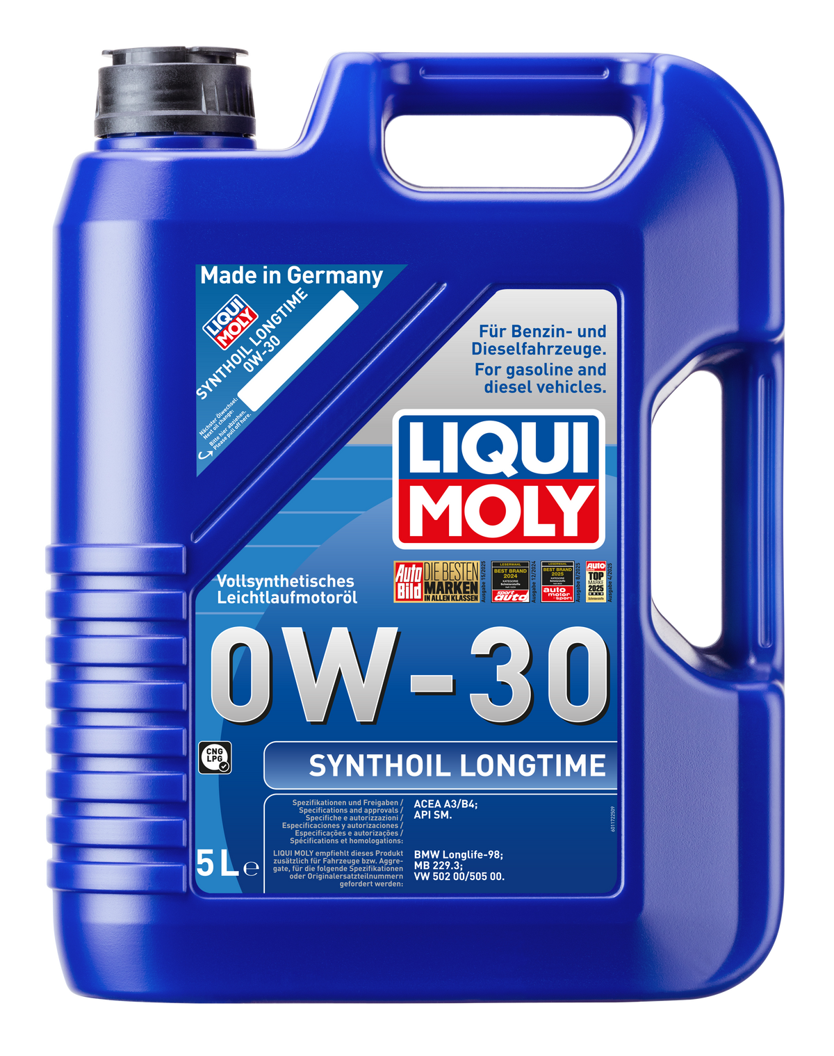 Liqui Moly Synthoil Longtime 0W-30 engine oil bottle with label, showcasing high-performance motor oil for vehicle engines