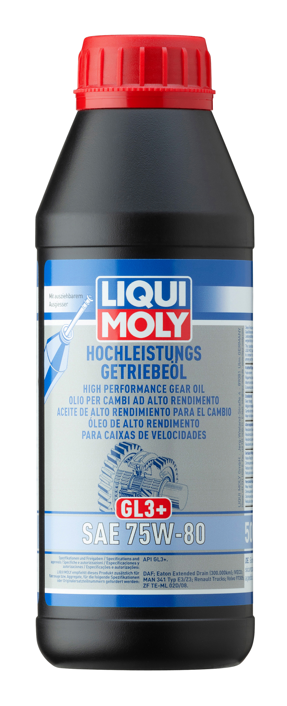 Liqui Moly High Performance Gear Oil GL3+ SAE 75W-80 gearbox fluid container with label and cap, designed for automotive gearboxes.