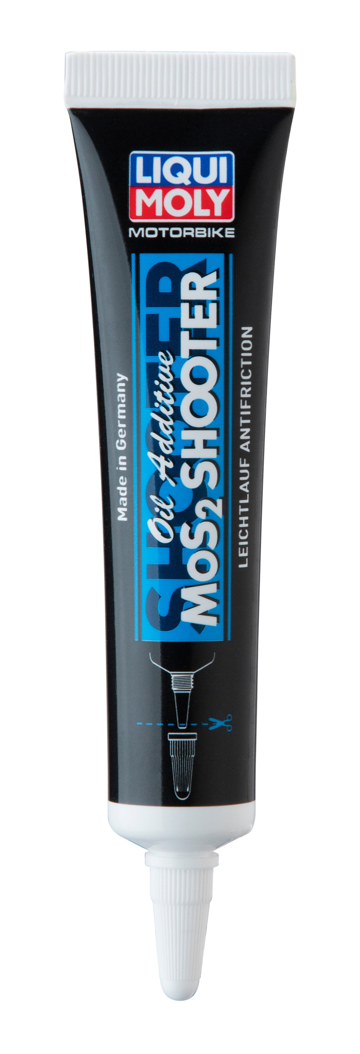 Liqui Moly Motorbike MOS2 Shooter 20ml bottle for motorcycle engine maintenance, shown with label and packaging.