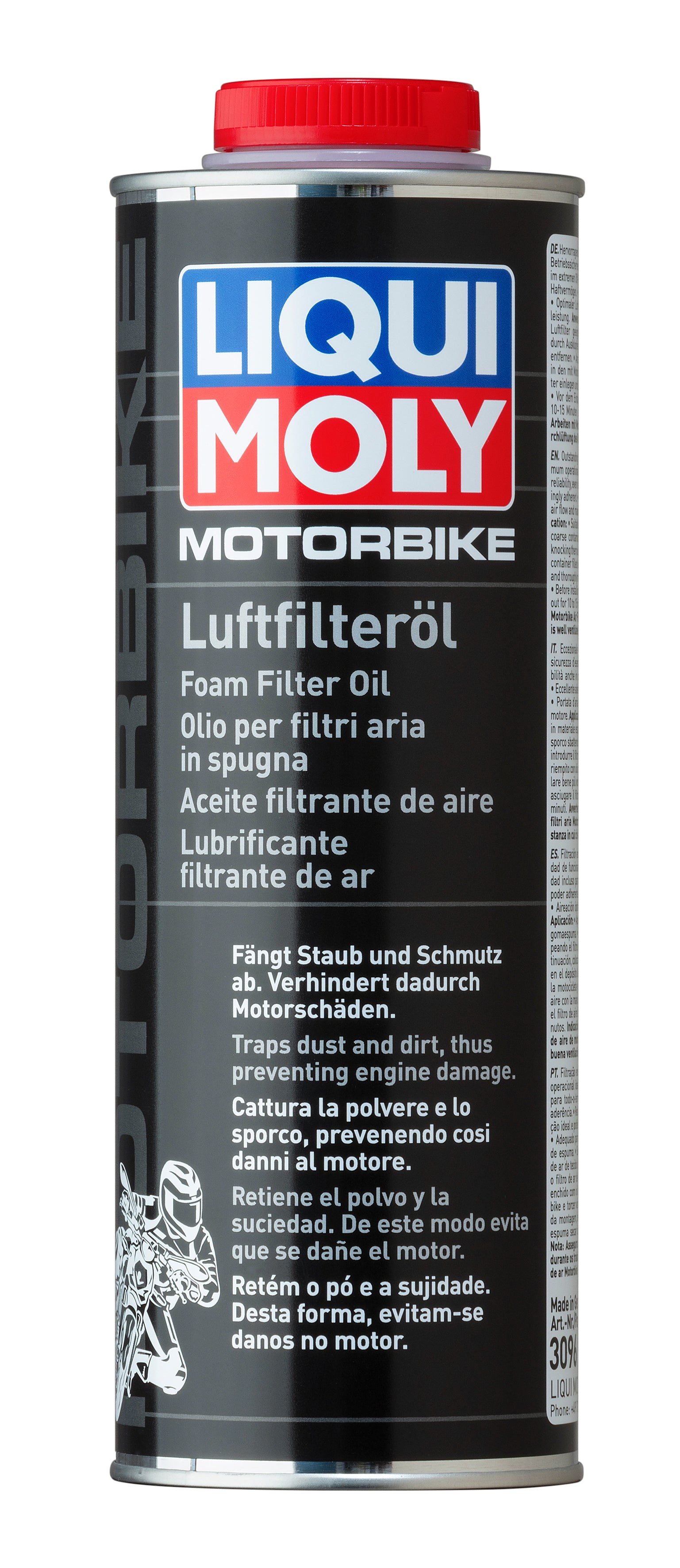 Liqui Moly Motorbike Foam Filter Oil applied on a motorcycle foam air filter for optimal filtration and engine protection.