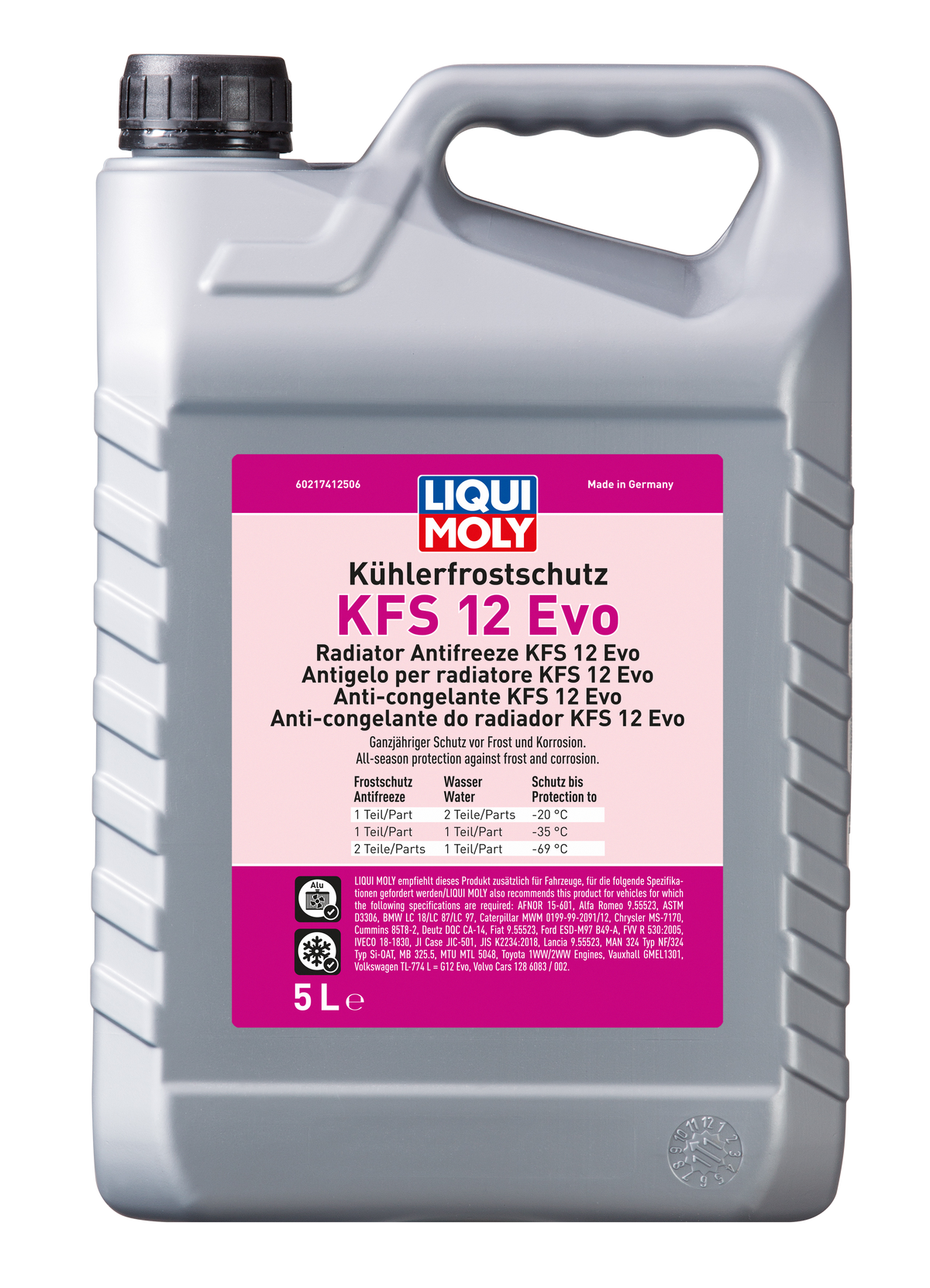 Liqui Moly Radiator Antifreeze KFS 12 Evo coolant bottle with label, designed for engine cooling and protection.