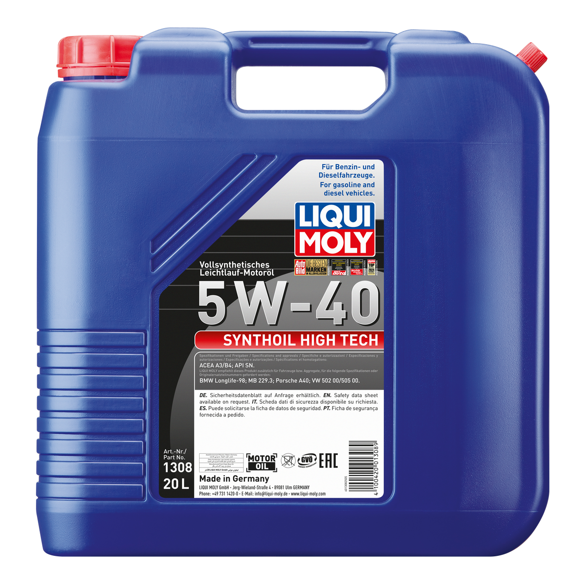 Liqui Moly Synthoil High Tech 5W-40 engine oil container, automotive engine oil product in a bottle with label.
