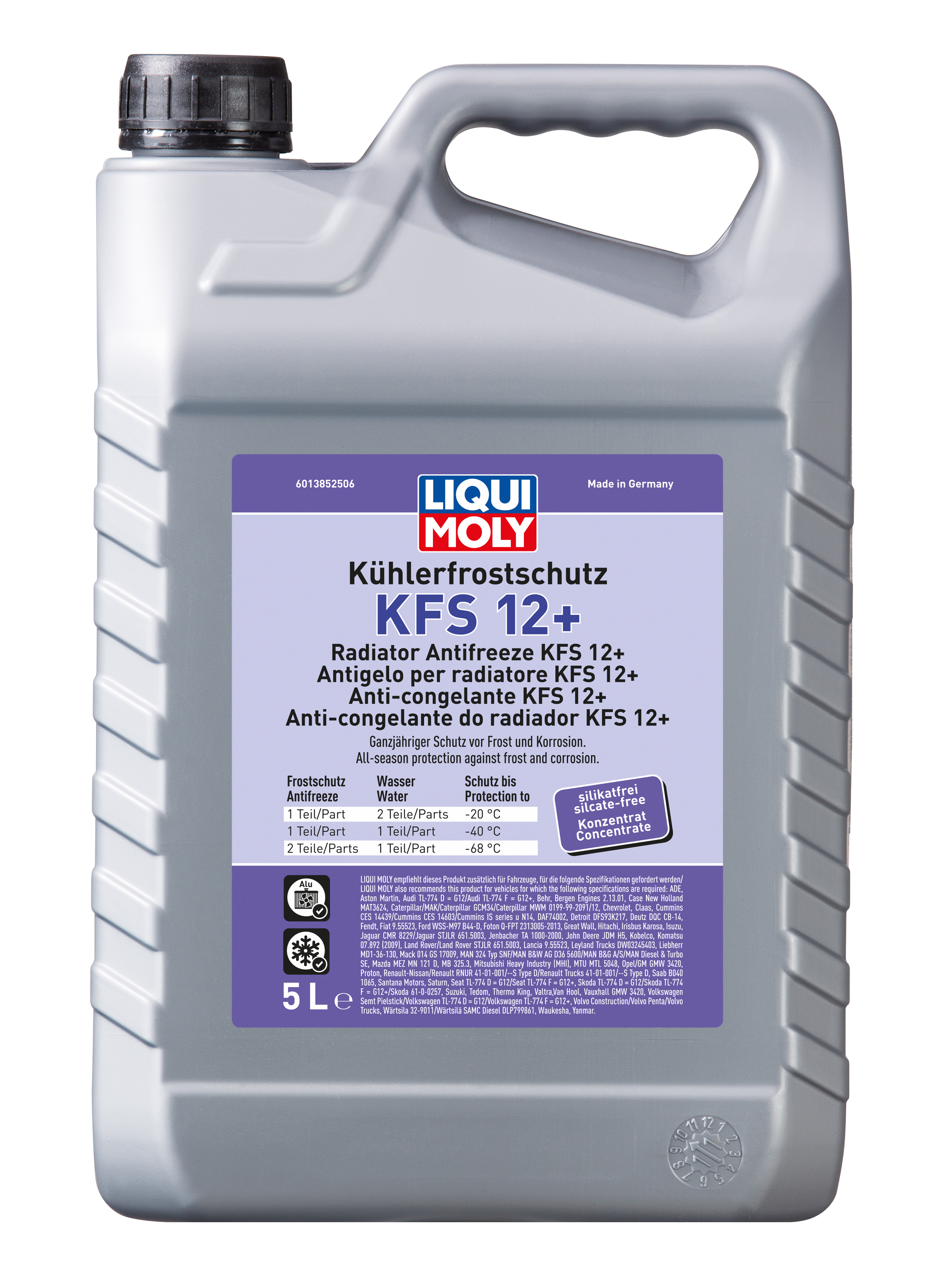 Liqui Moly Radiator Antifreeze KFS 12+ coolant bottle with blue liquid inside for car radiator protection.
