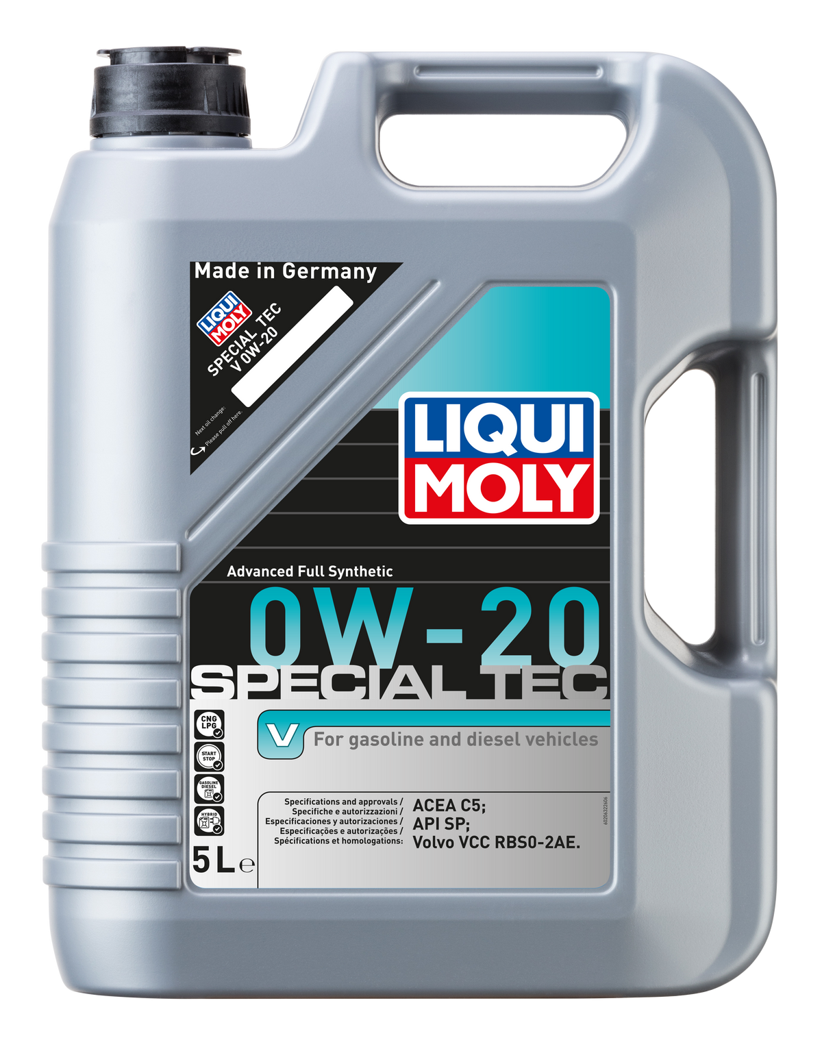 Liqui Moly Special Tec V 0W-20 engine oil container with label, designed for automotive engine lubrication.
