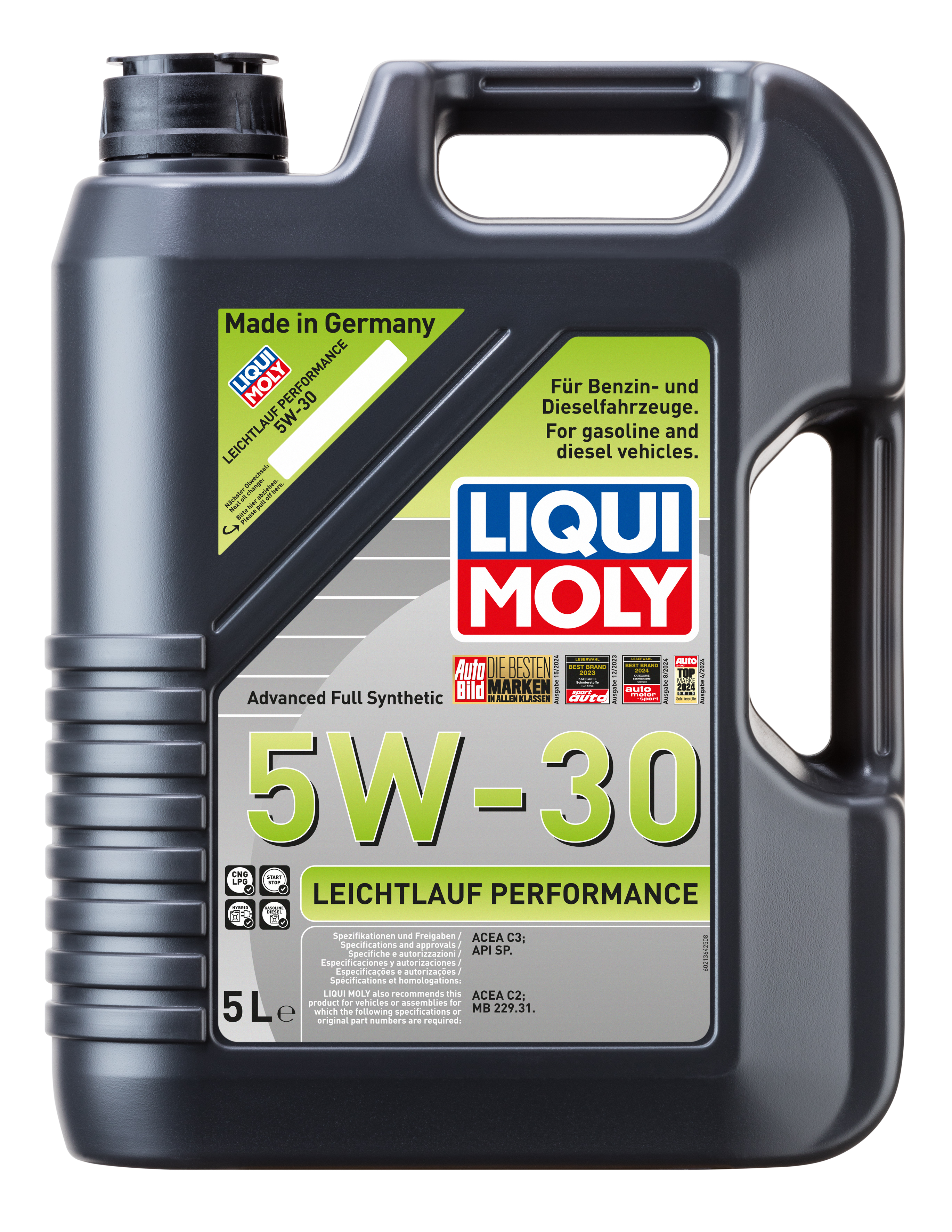 Liqui Moly Smooth Running Performance Engine Oil 5W-30 bottle with label showing engine oil specifications and brand logo.