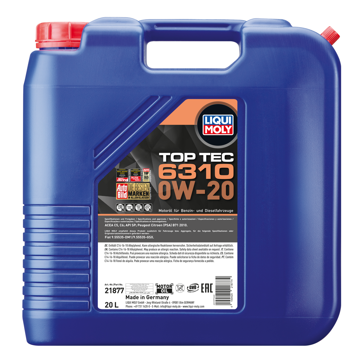 Liqui Moly Top Tec 6310 0W-20 engine oil bottle, high-quality synthetic motor oil with a yellow cap and label.
