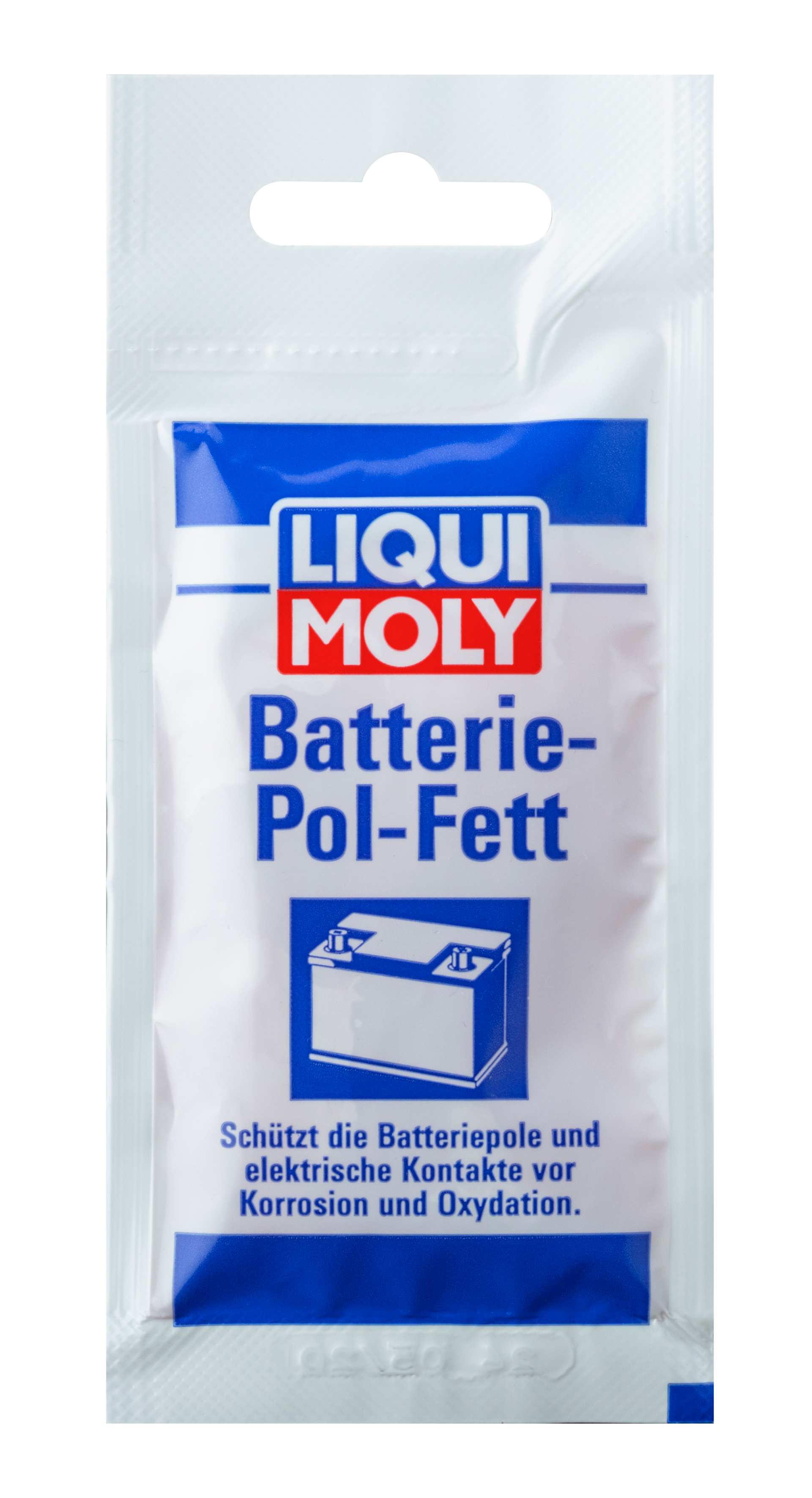 Liqui Moly Battery Clamp Grease container with label showing grease and lubricant for battery connections and clamps.