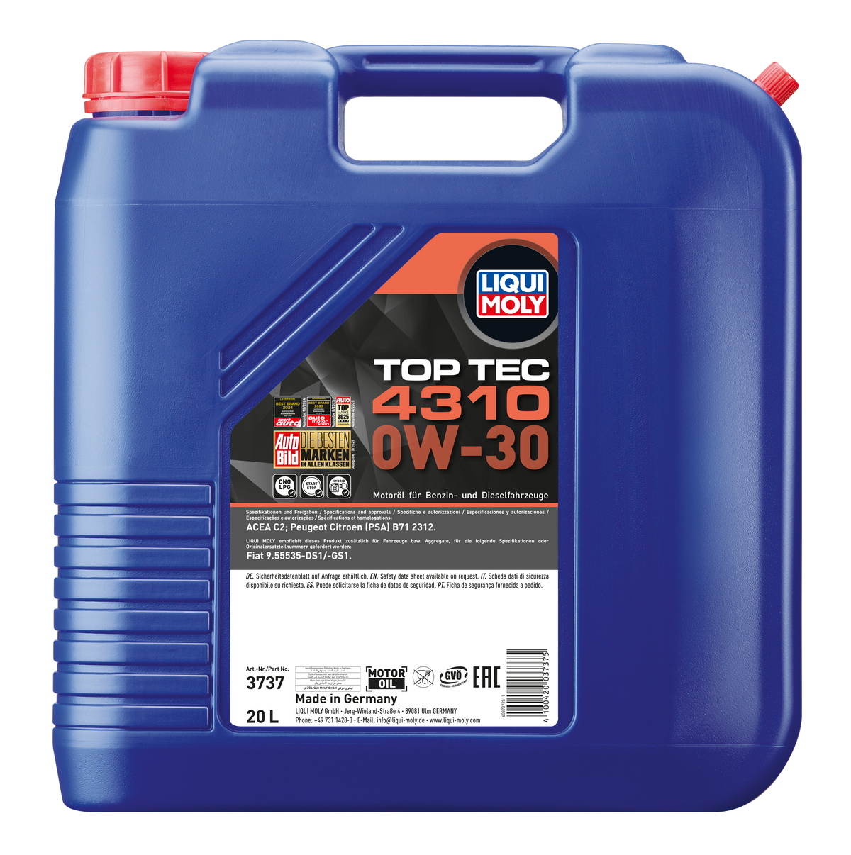 Liqui Moly Top Tec 4310 0W-30 engine oil bottle with label and cap, suitable for vehicle engine lubrication.