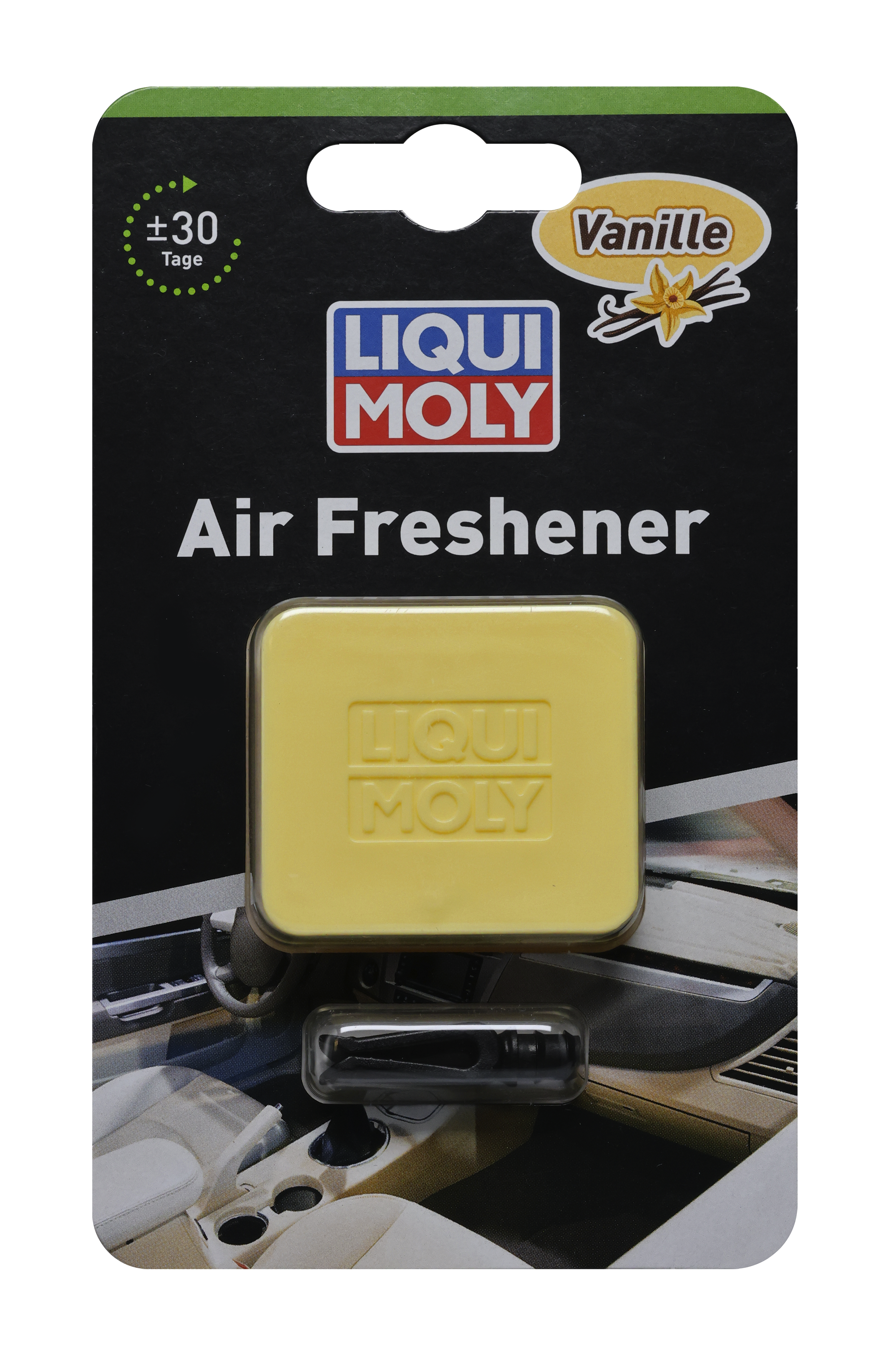 Liqui Moly detailing air freshener in a sleek bottle, designed to freshen car interiors with a pleasant scent.