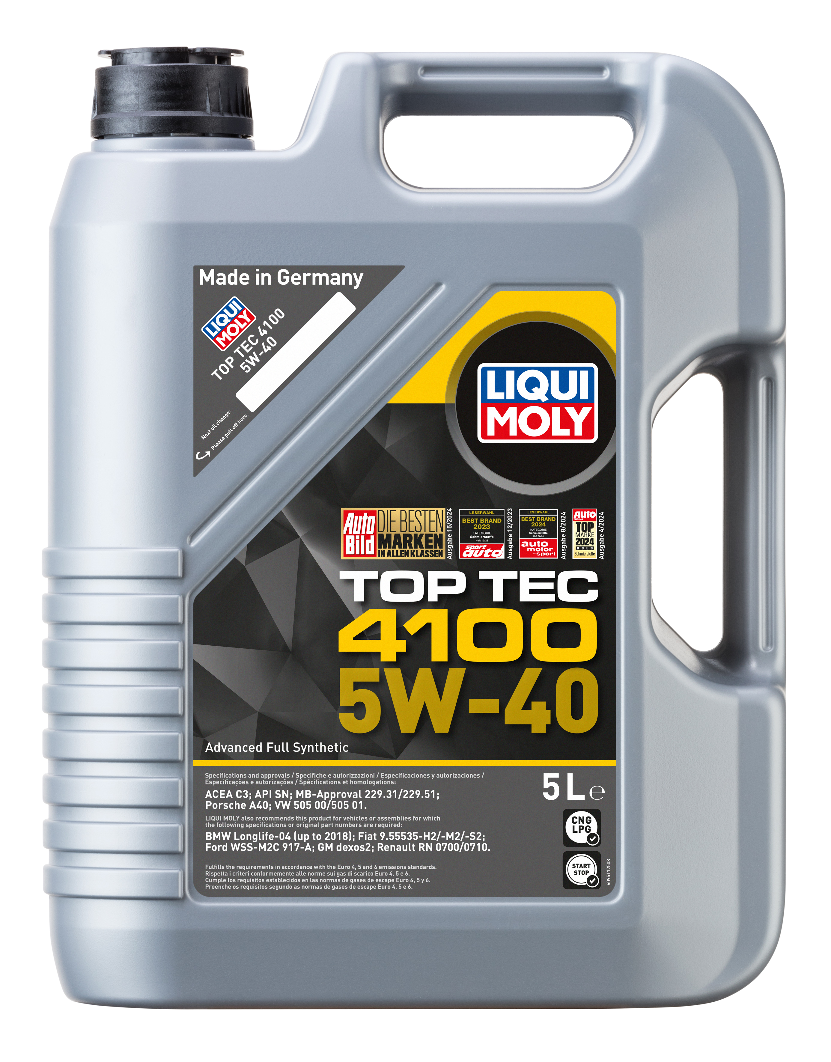 Liqui Moly Top Tec 4100 5W-40 engine oil bottle with label and cap, designed for vehicle engine lubrication.