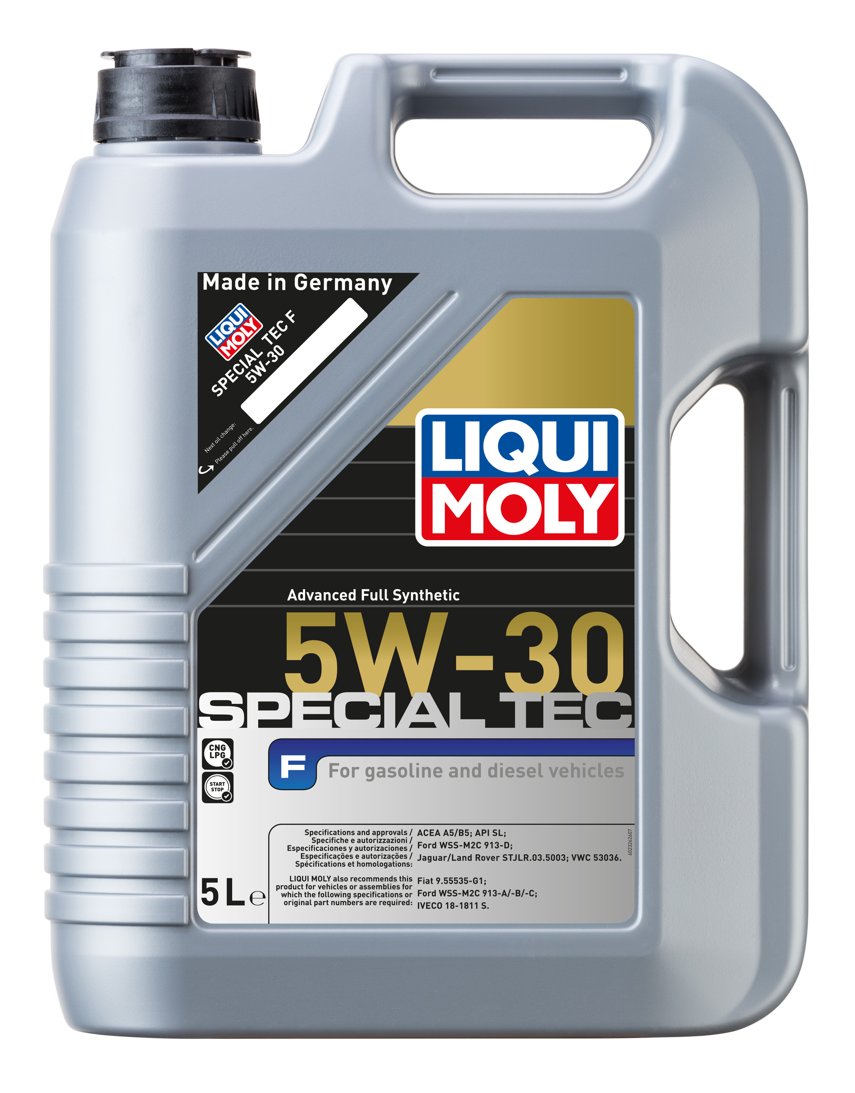 Liqui Moly Special Tec F 5W-30 engine oil bottle with product label and cap, designed for car engine lubrication.