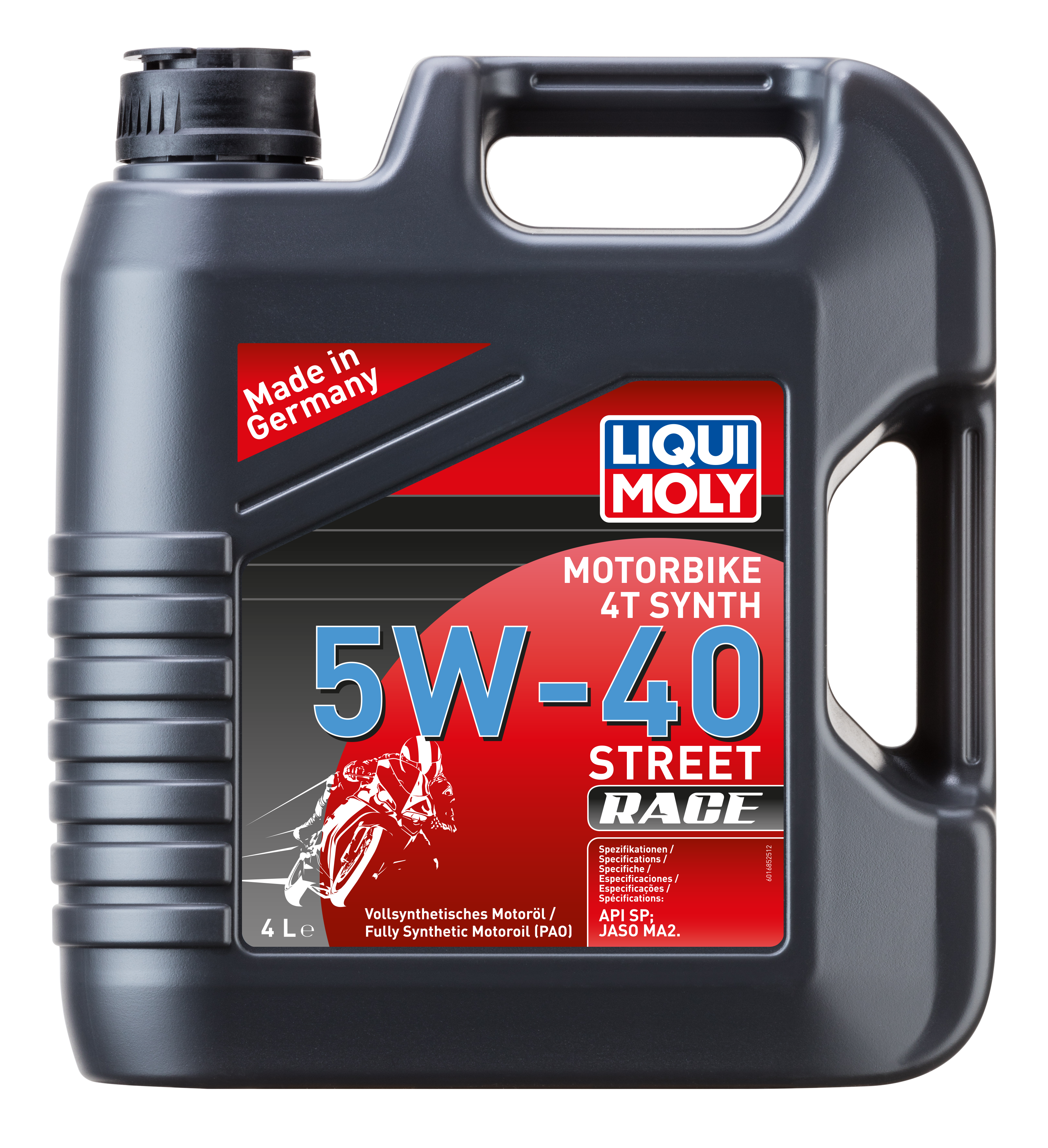Liqui Moly Motorbike 4T Synth 5W-40 Street Race motorcycle engine oil bottle with label and cap.