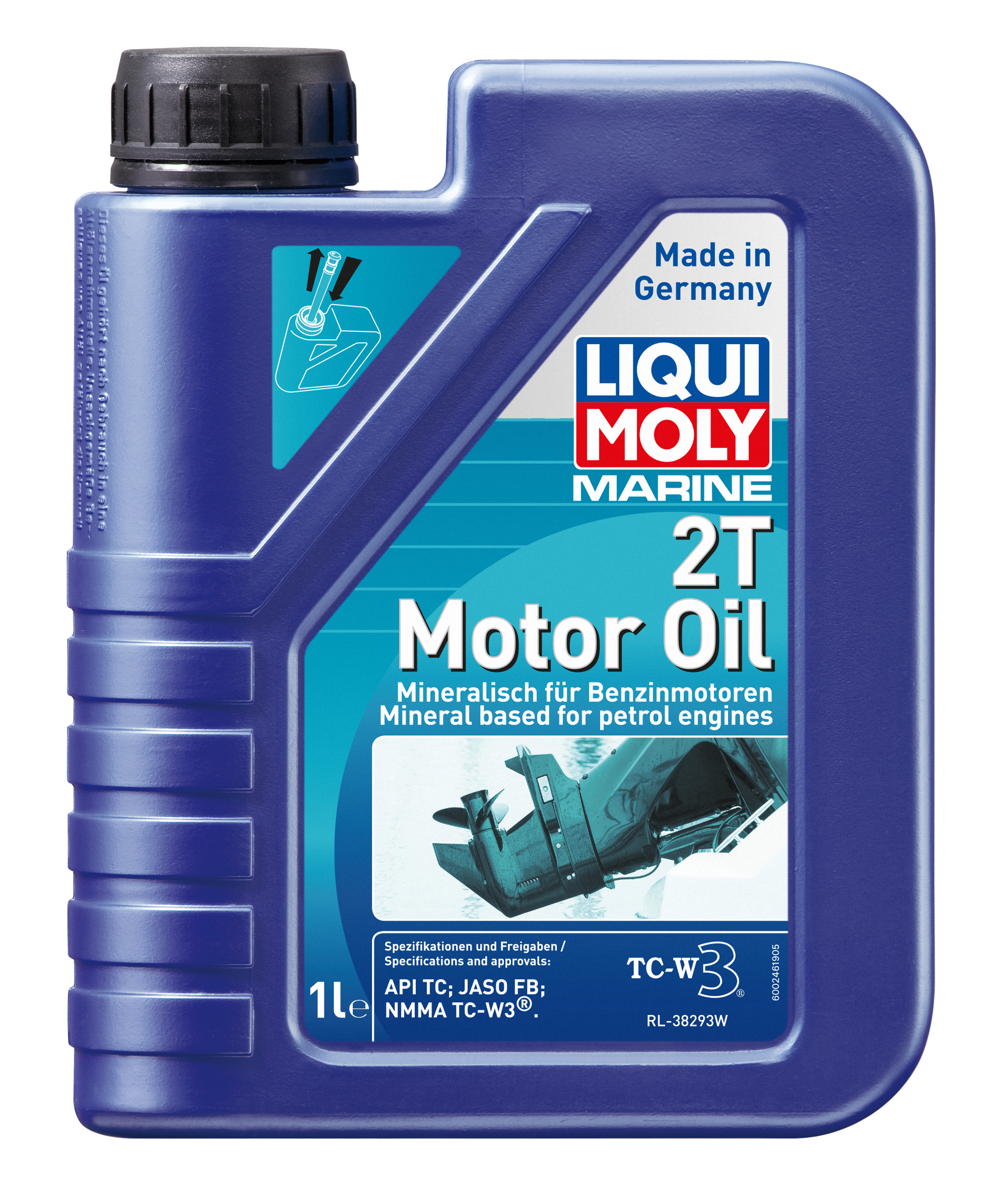 Liqui Moly Marine 2T motor oil container, marine engine oil for two-stroke engines, with label displaying product details and branding.