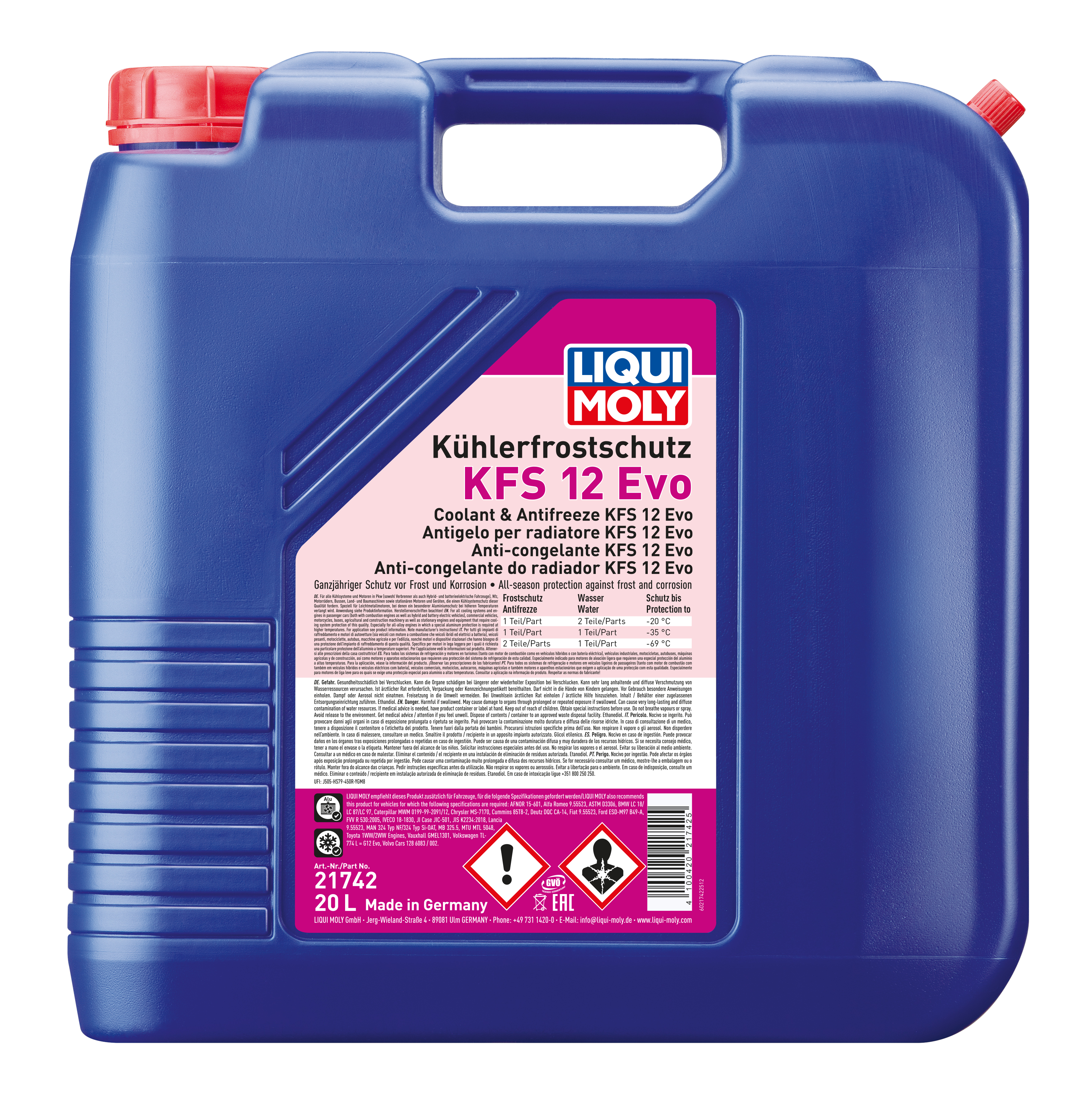 Liqui Moly Radiator Antifreeze KFS 12 Evo coolant bottle with label and cap, designed for automotive radiator protection.