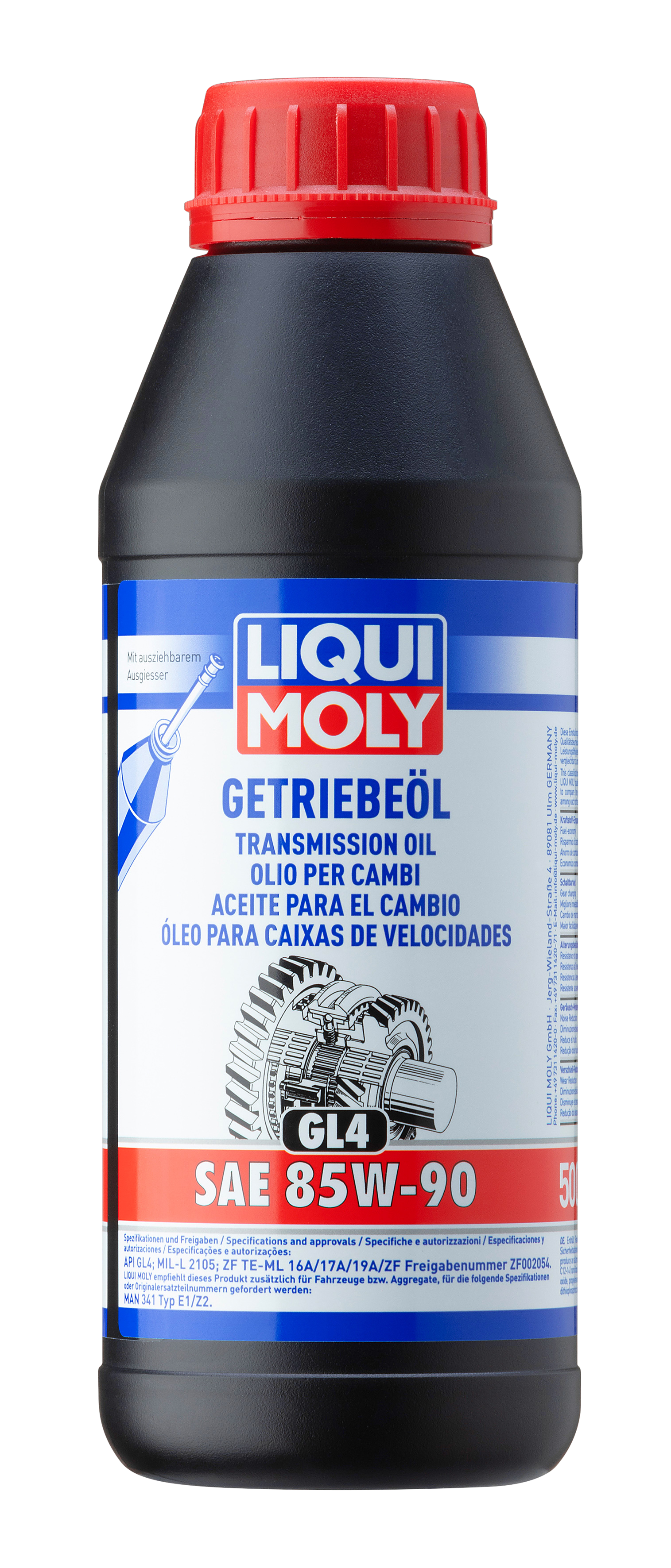 Liqui Moly Gear Oil GL4 SAE 85W-90 gearbox fluid container with label showing product details and brand logo.