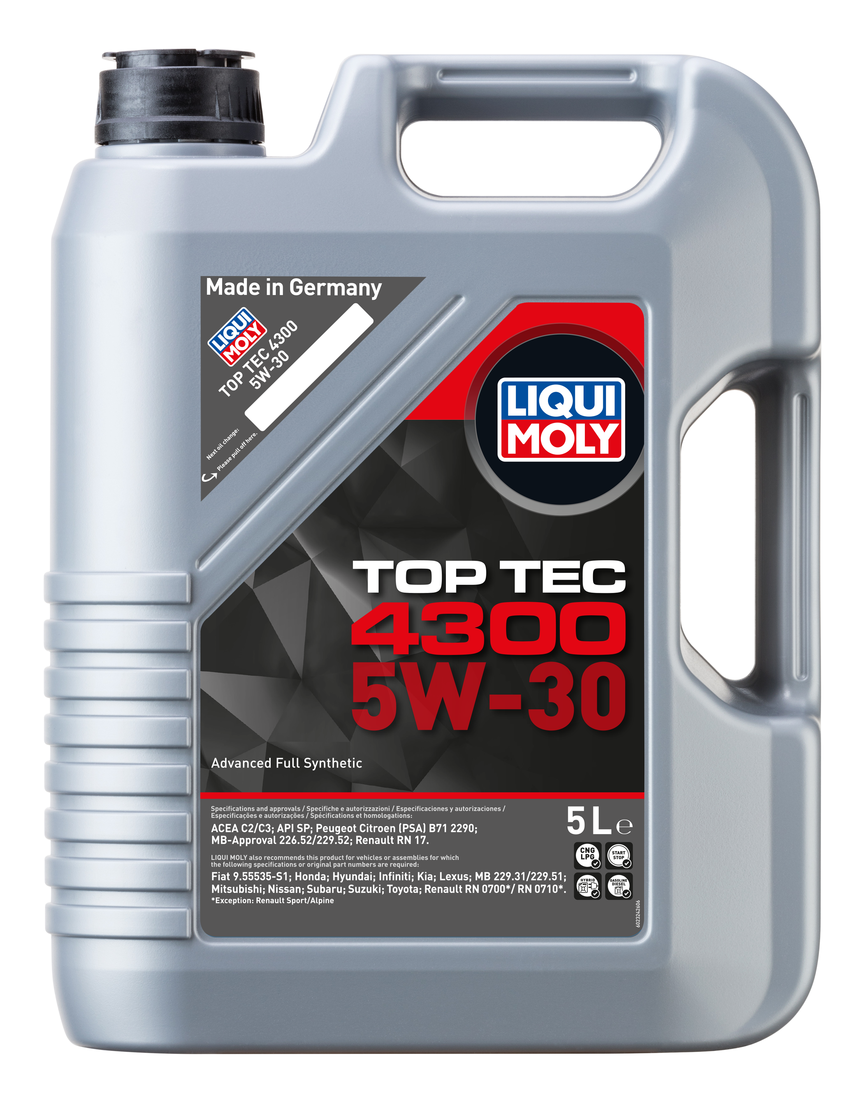 Liqui Moly Top Tec 4300 5W-30 engine oil container with label showing product details and brand logo.
