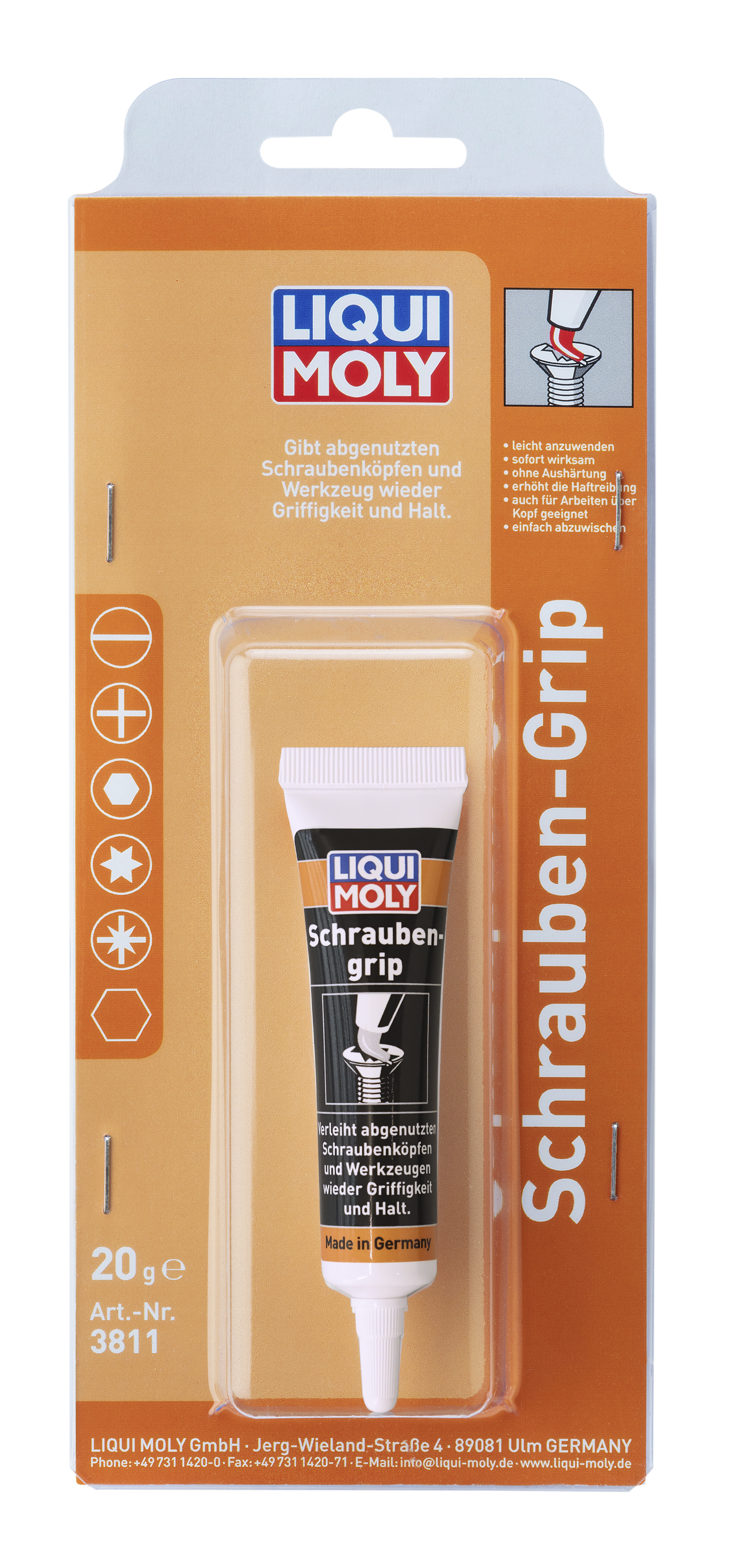 Liqui Moly Screw Grip 20g adhesive sealant tube for fast, secure fixing of screws and small parts in mechanical applications.