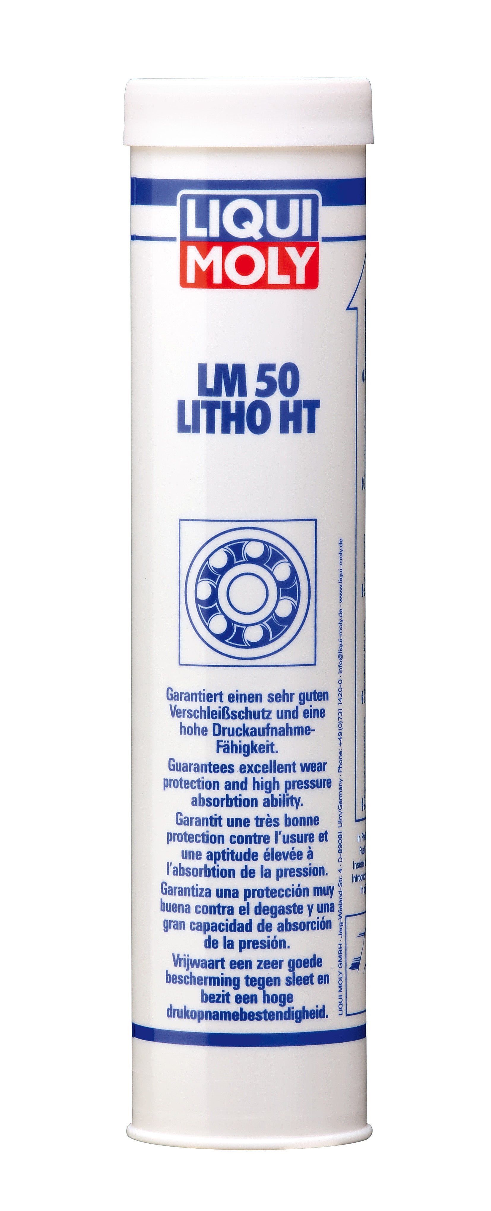 Liqui Moly LM 50 Litho HT grease container showing the yellow and black label with product details for industrial lubrication.