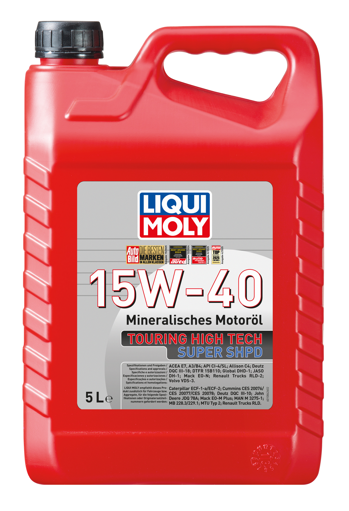 Liqui Moly Touring High Tech Super 15W-40 engine oil bottle with label showing product details and branding.