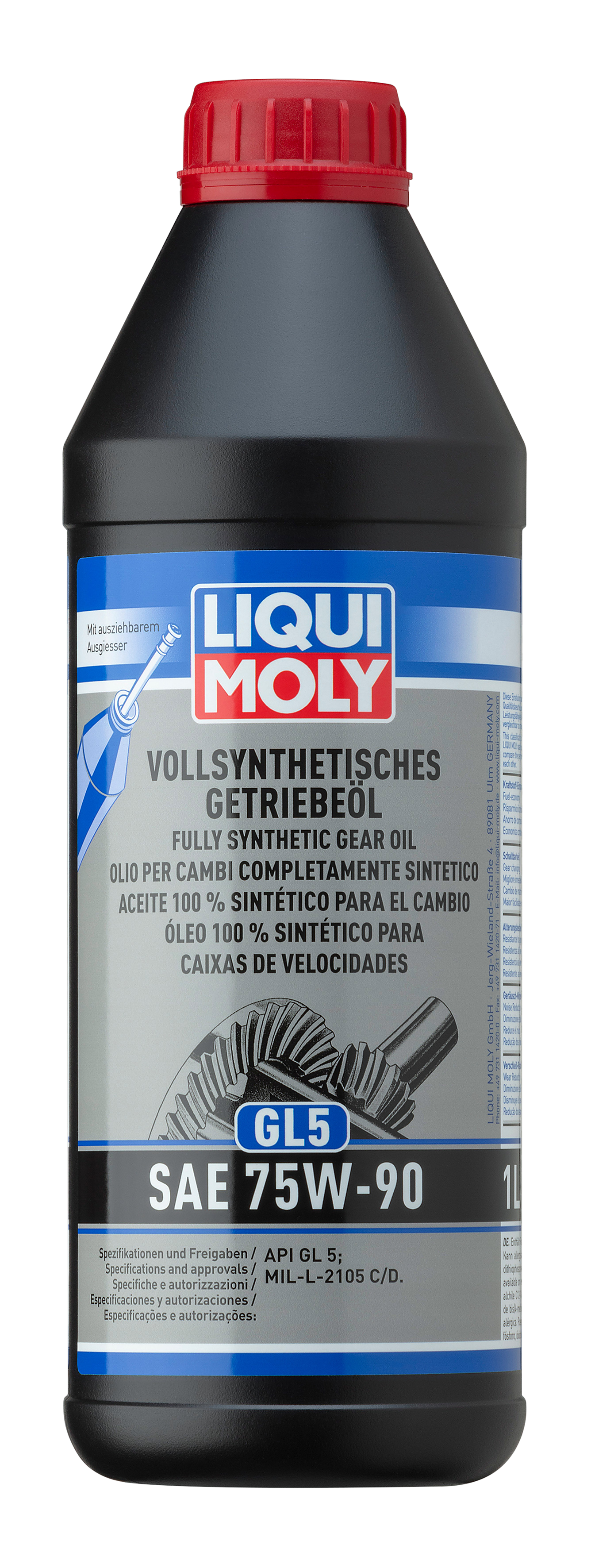 Liqui Moly Fully Synthetic Gear Oil GL5 SAE 75W-90 in a container, designed for gearbox lubrication and protection.