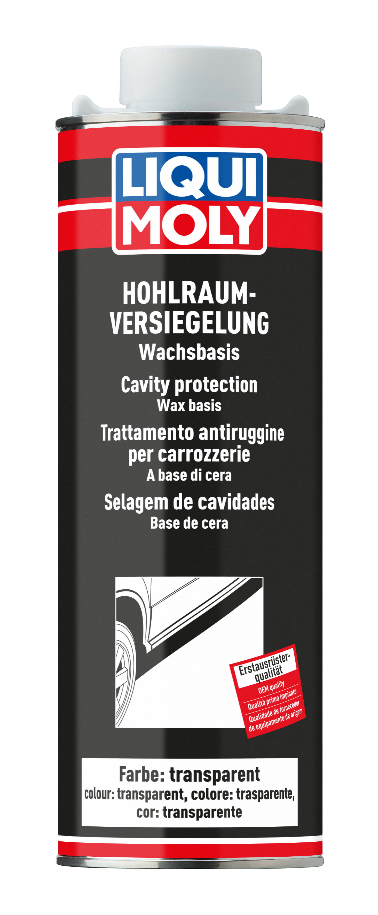 Liqui Moly Cavity Protection transparent adhesive and sealant applied to car cavity for corrosion protection.