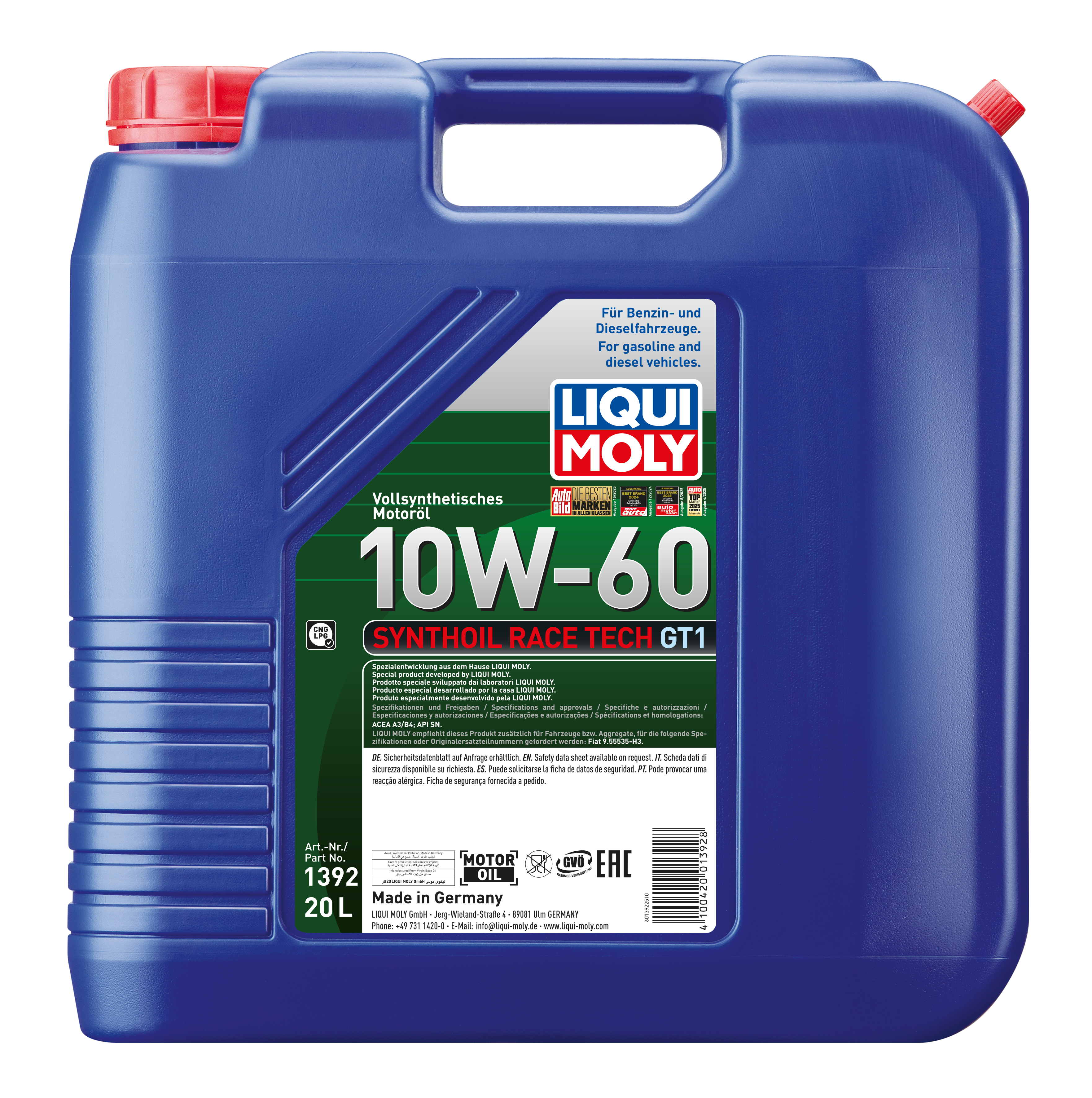 Liqui Moly Synthoil Race Tech GT1 10W-60 engine oil bottle with label and cap, designed for high-performance vehicle engines.