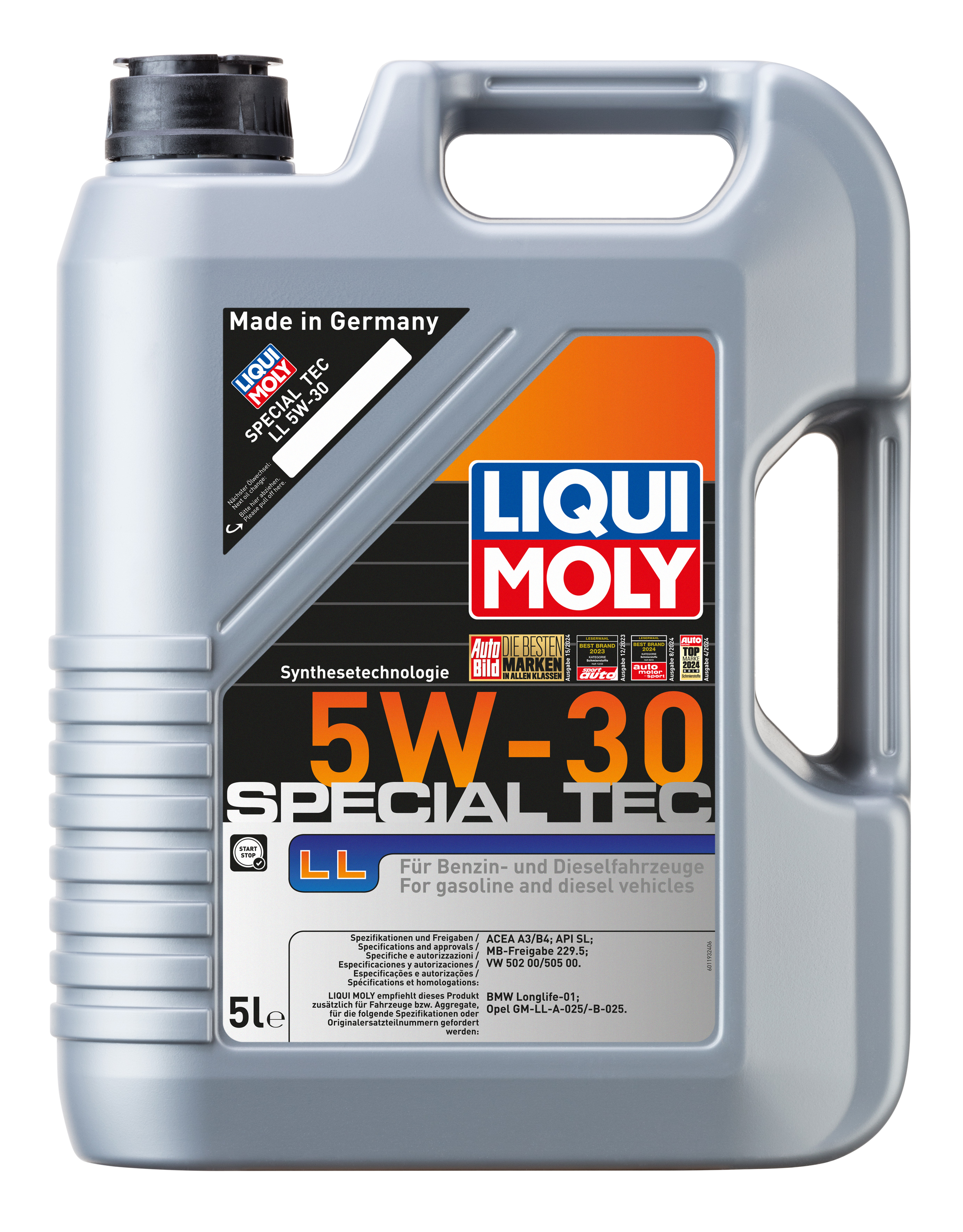 Liqui Moly Special Tec LL 5W-30 engine oil bottle with label and cap, designed for automotive engine lubrication.