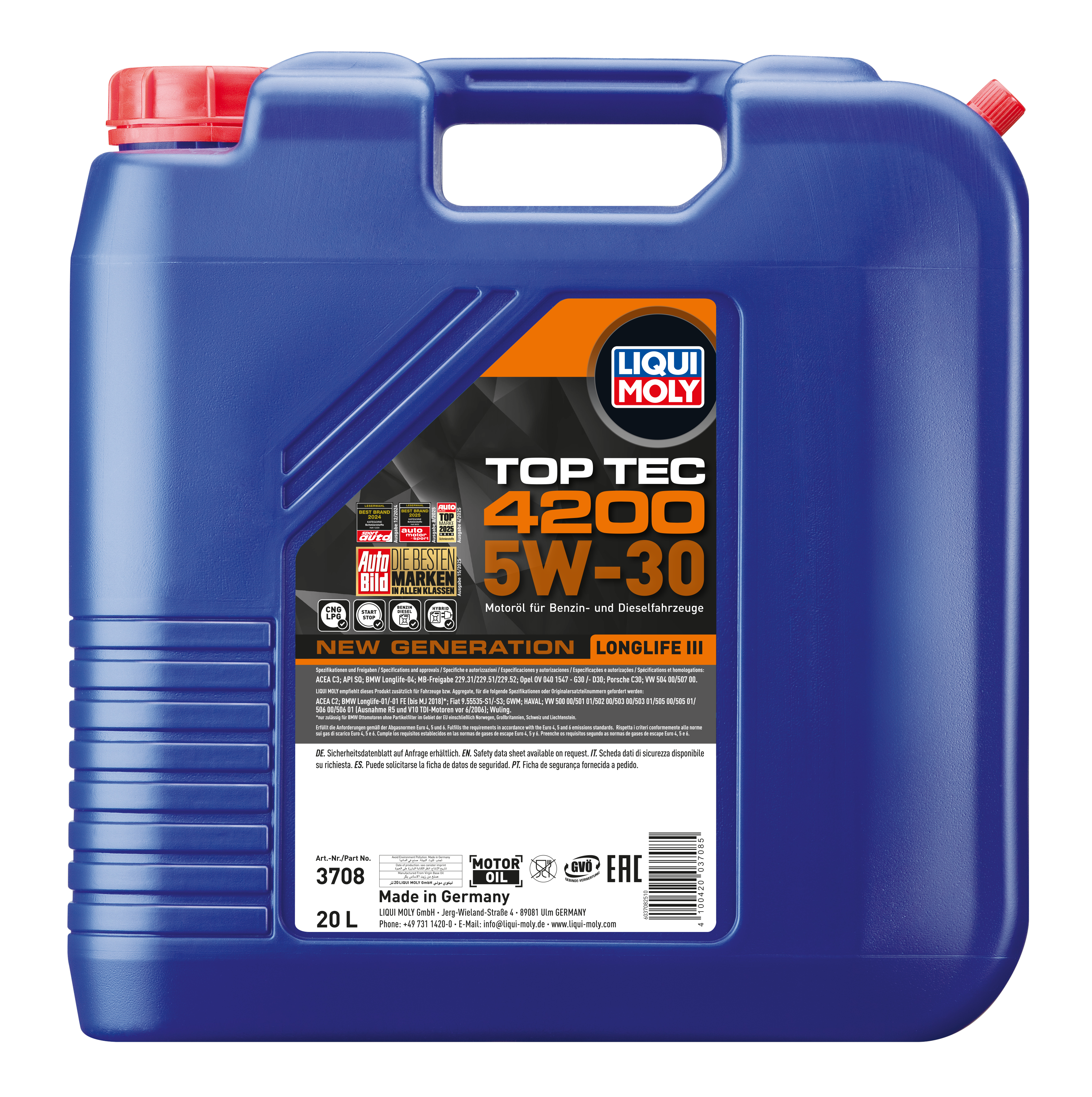 Liqui Moly Top Tec 4200 5W-30 engine oil bottle with label and cap, designed for car engine lubrication and maintenance.