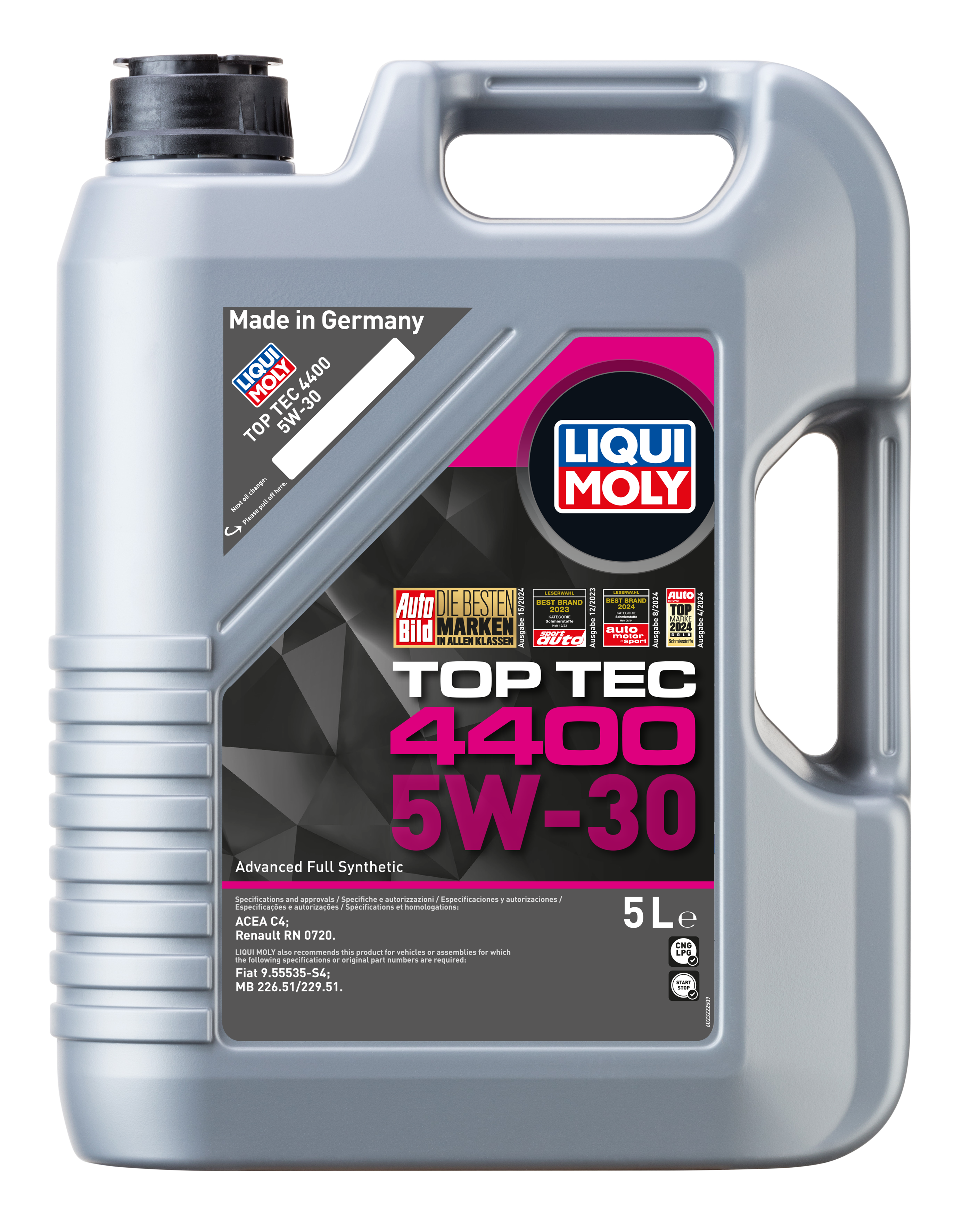 Liqui Moly Top Tec 4400 5W-30 engine oil bottle, high-quality motor oil for vehicle engine lubrication.
