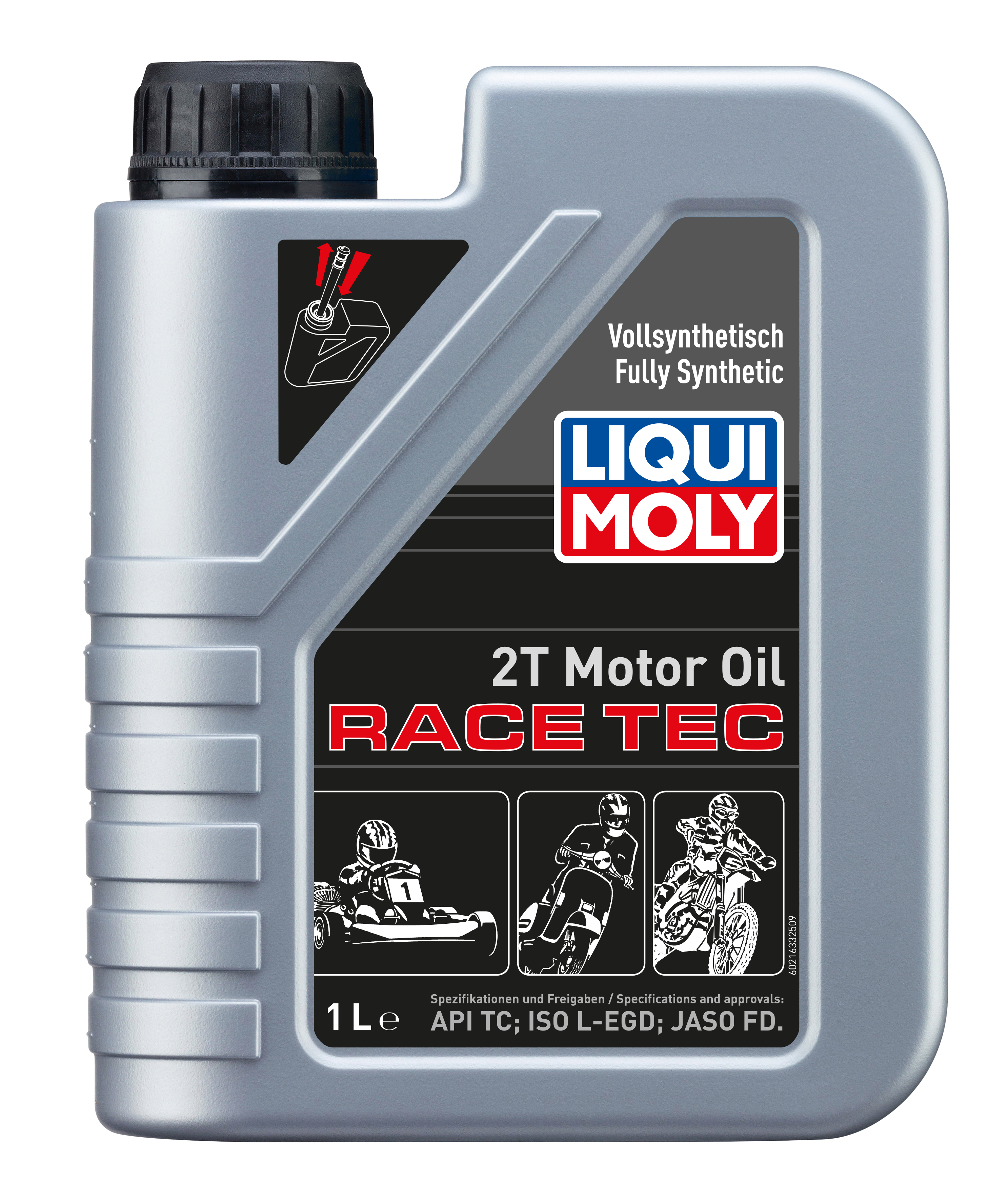 Liqui Moly 2T Race Tec motorcycle motor oil 1L bottle with label and cap, designed for two-stroke engines.