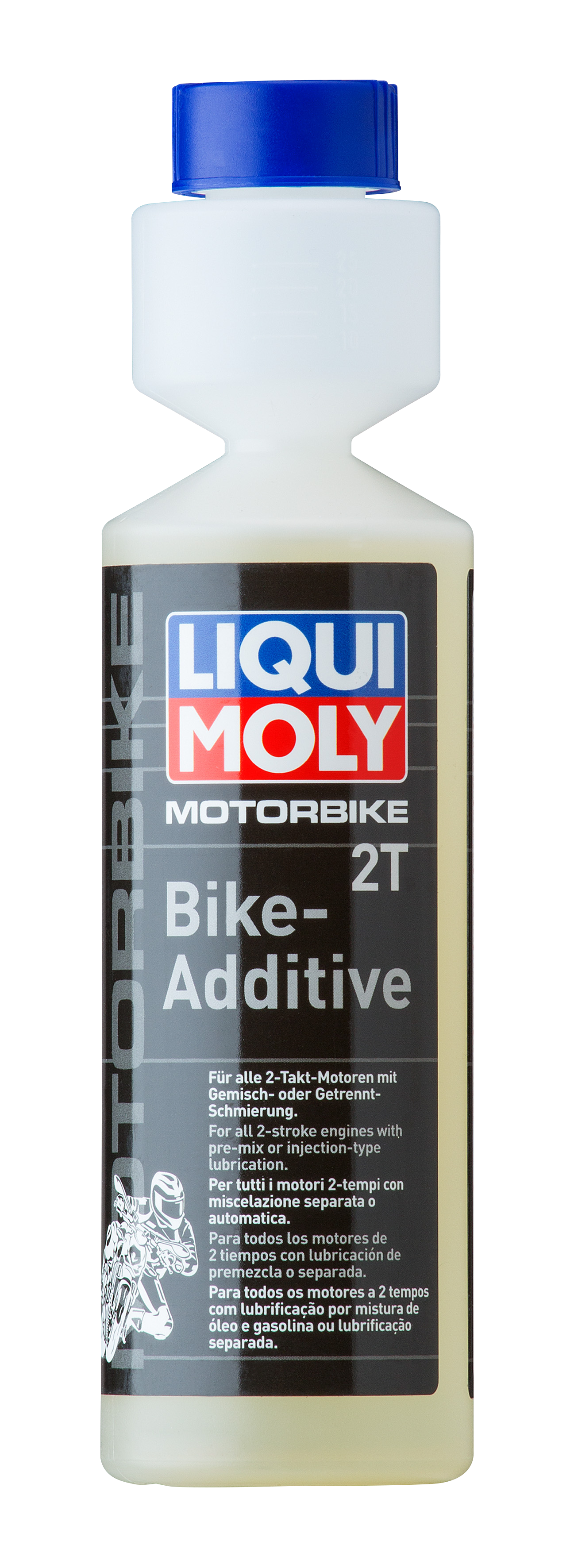 Liqui Moly Motorbike 2T bike additive bottle with 250ml capacity, designed for motorcycle engine performance.
