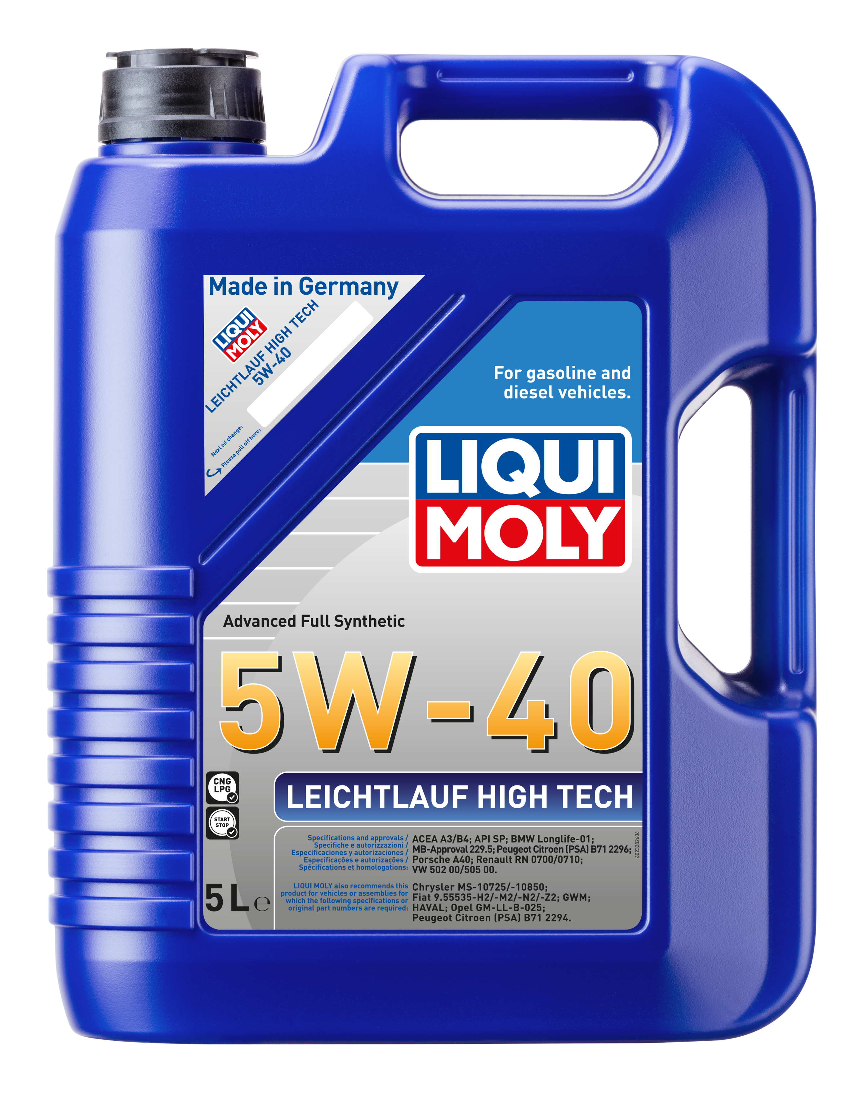 Liqui Moly Smooth Running High Tech Engine Oil 5W-40 container, showcasing the engine oil bottle with label and cap.