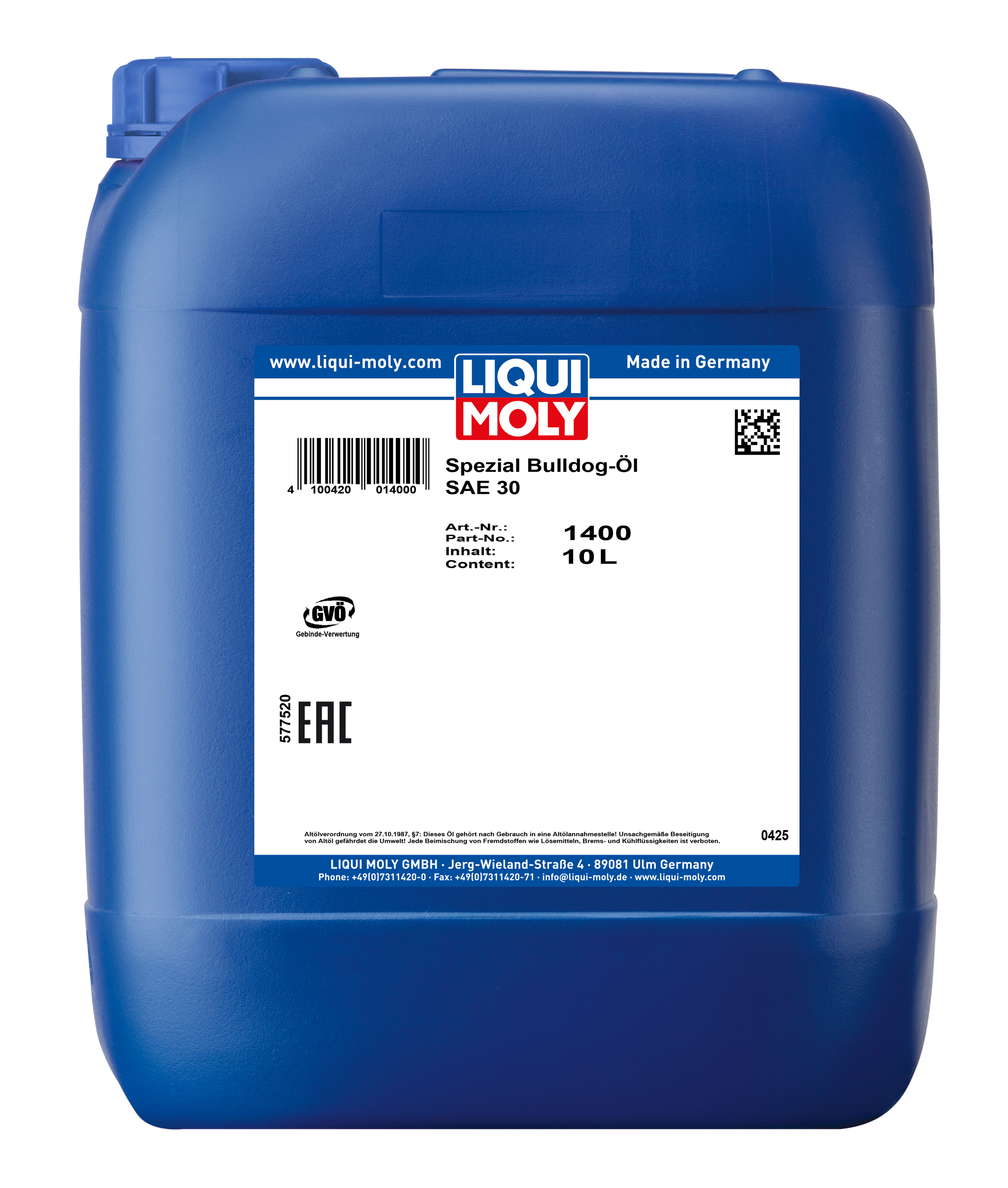 Liqui Moly Special Bulldog SAE 30 motor oil container for commercial and agricultural use, 10 liters.