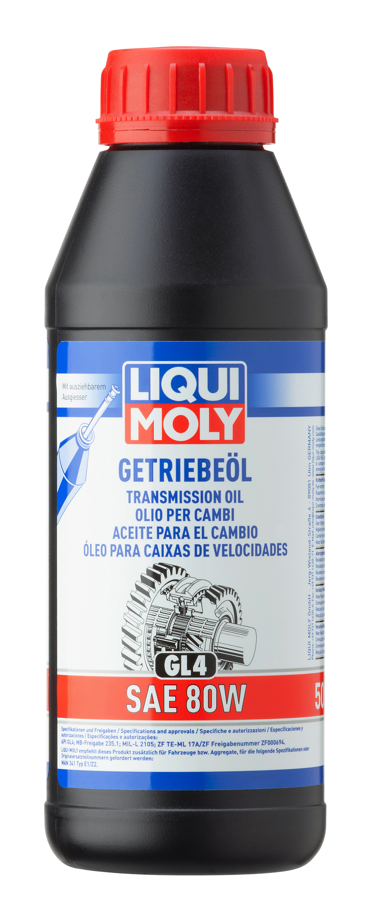 Liqui Moly Gear Oil GL4 SAE 80W, gearbox fluid container with label and cap, for vehicle transmission lubrication.