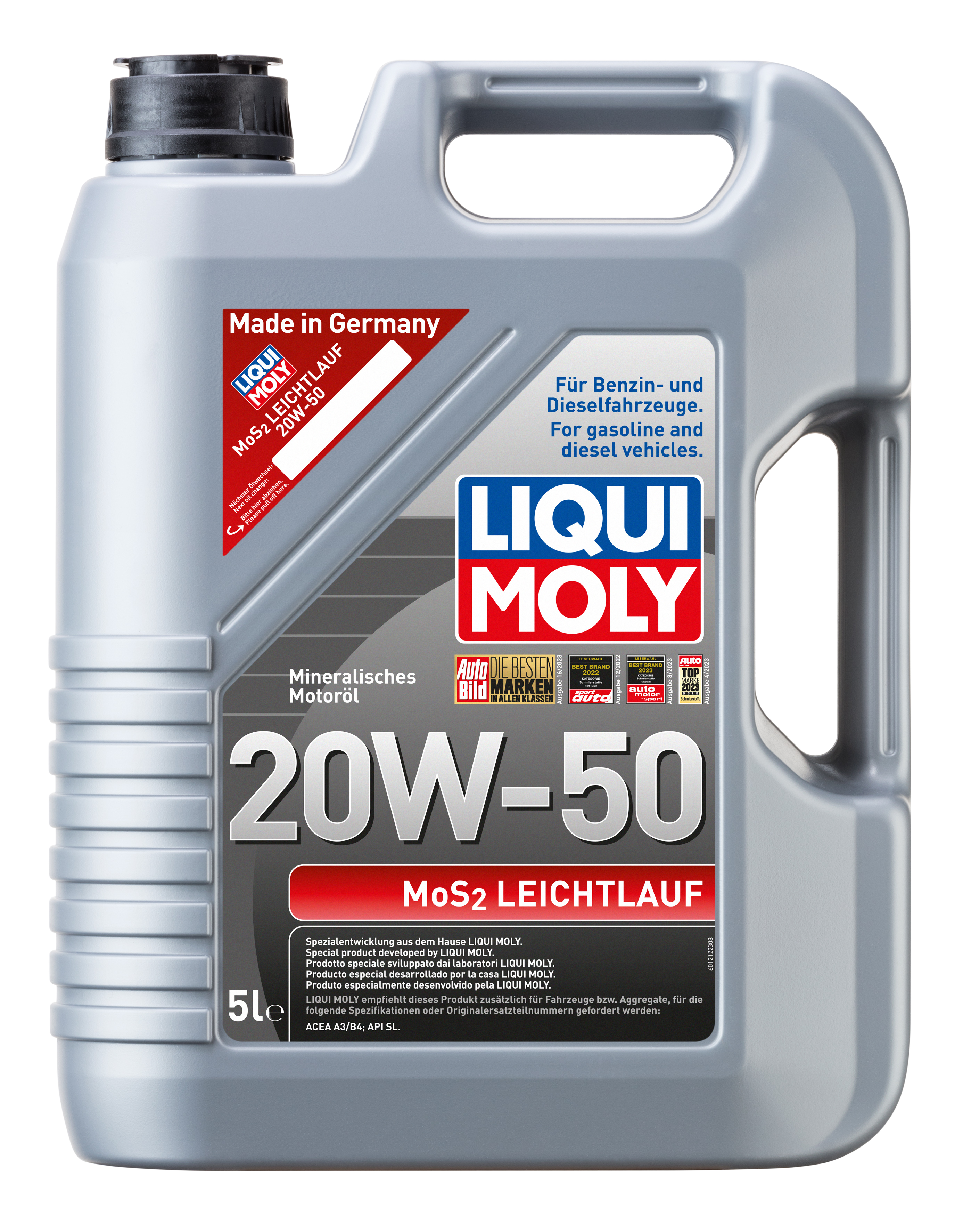 Liqui Moly MoS2 Low-Friction 20W-50 engine oil bottle with label showing product details and brand logo.