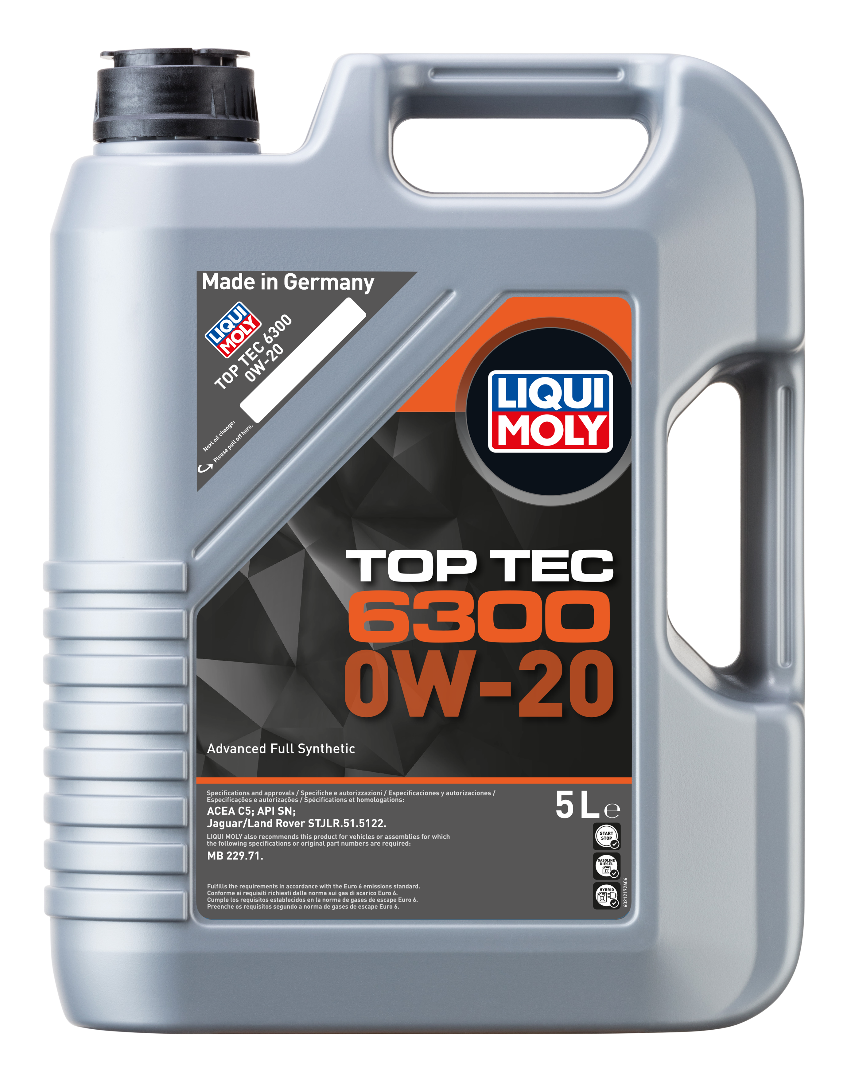 Bottle of Liqui Moly Top Tec 6300 0W-20 engine oil with label showing product name and brand in a clear display.