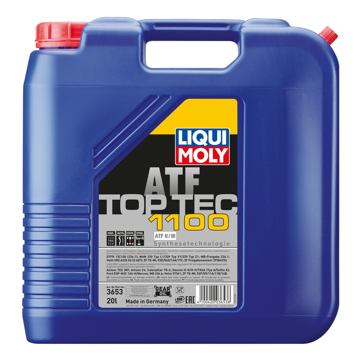 Liqui Moly Top Tec ATF 1100 gearbox fluid bottle with label, designed for automatic transmissions and gear systems.