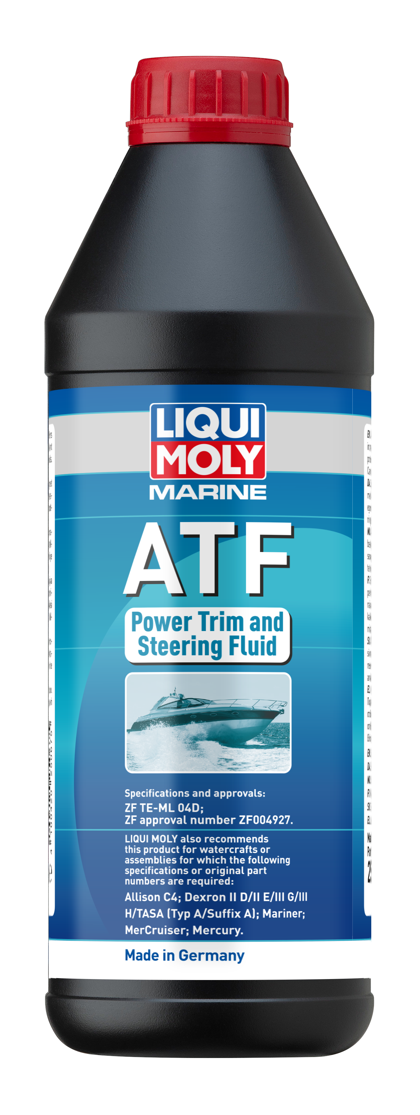 Liqui Moly Marine ATF 1L container, bright red fluid for marine transmission systems, with product label visible.