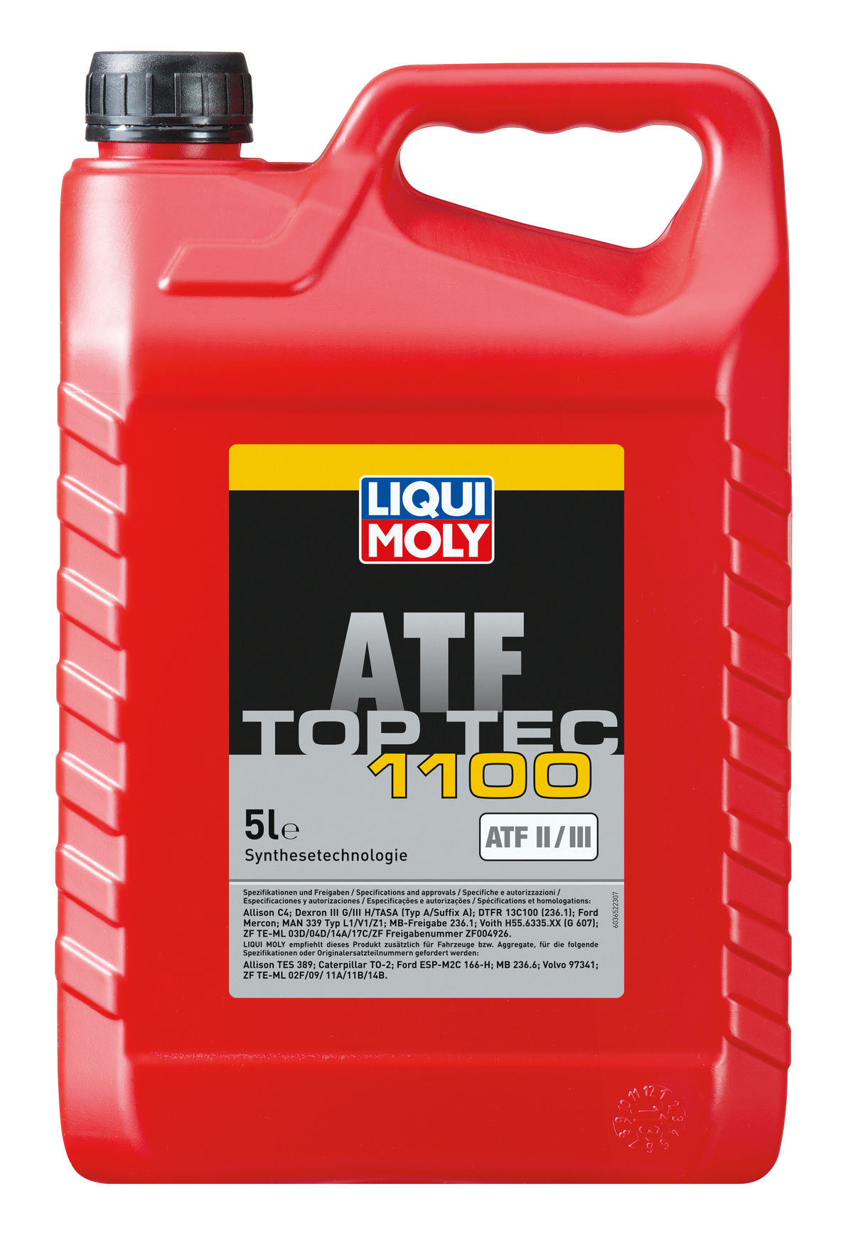 Liqui Moly Top Tec ATF 1100 gearbox fluid bottle with label, designed for automatic transmissions, on a white background.